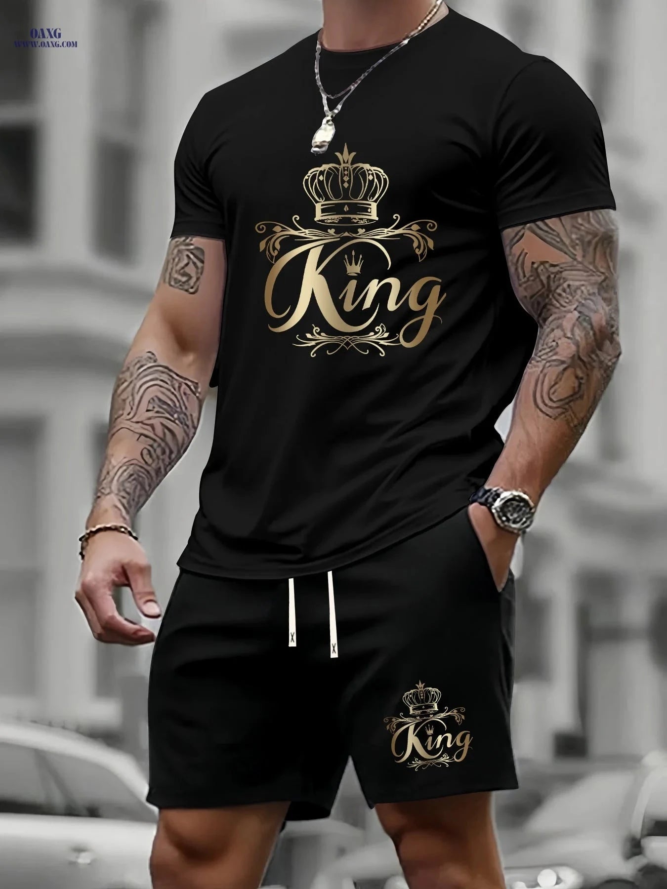 Men's Summer Two-Piece Set - Casual KING Print Sports Outfit   OAXG 