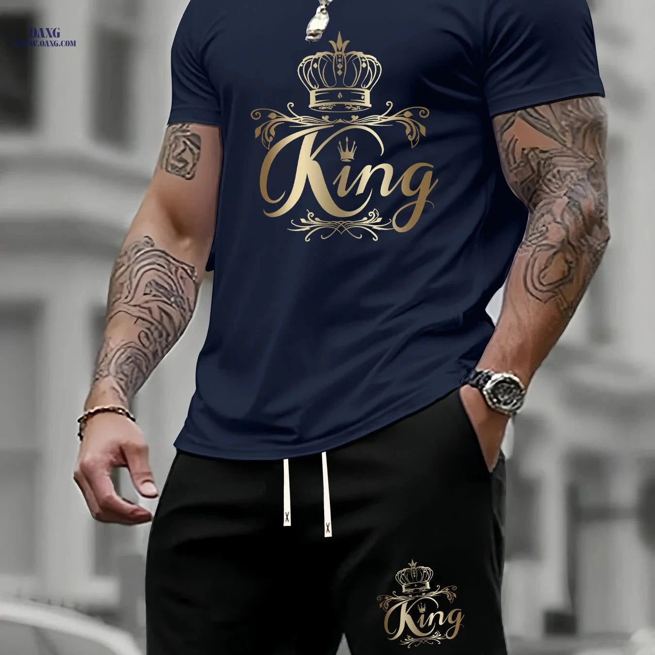 Men's Summer Two-Piece Set - Casual KING Print Sports Outfit   OAXG 