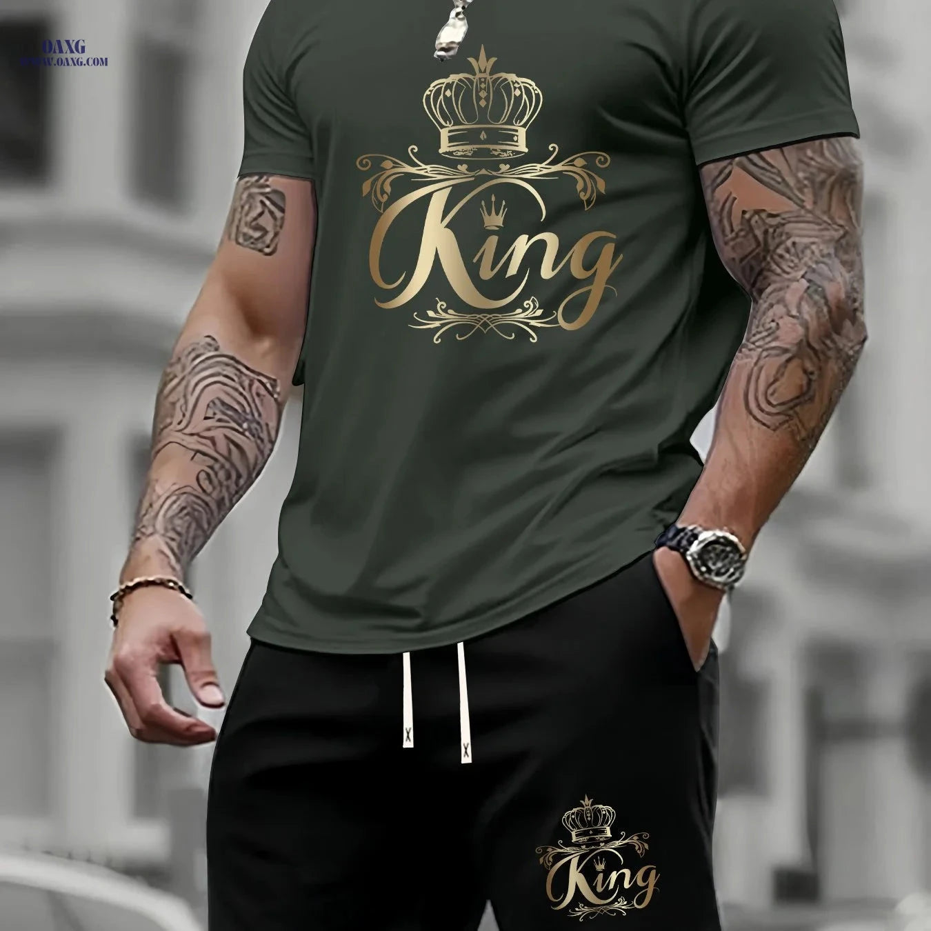 Men's Summer Two-Piece Set - Casual KING Print Sports Outfit   OAXG 