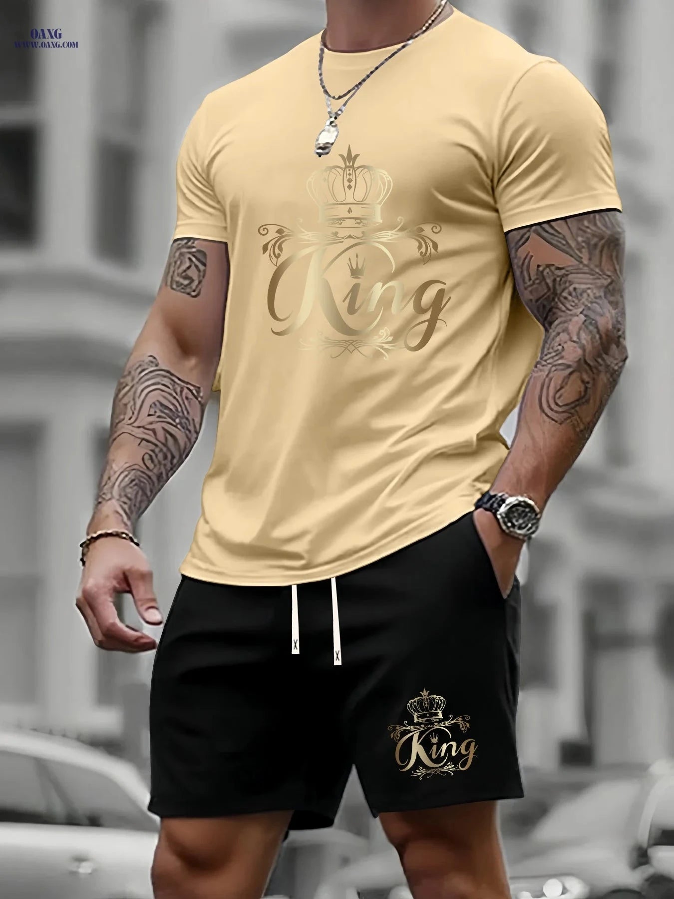 Men's Summer Two-Piece Set - Casual KING Print Sports Outfit   OAXG 
