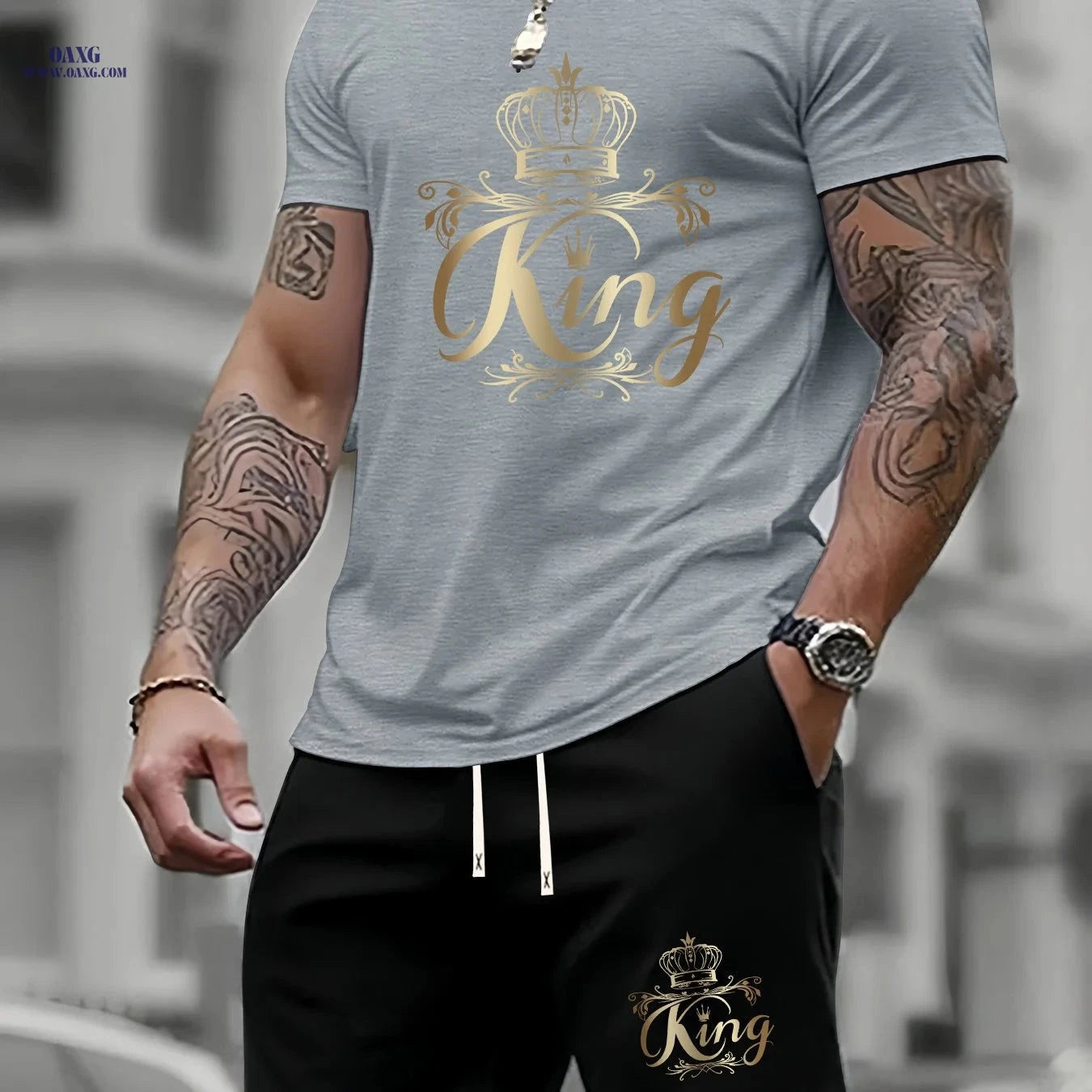 Men's Summer Two-Piece Set - Casual KING Print Sports Outfit   OAXG 