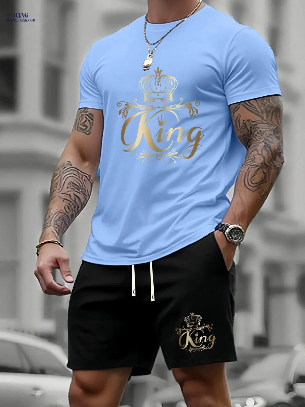 Men's Summer Two-Piece Set - Casual KING Print Sports Outfit   OAXG 