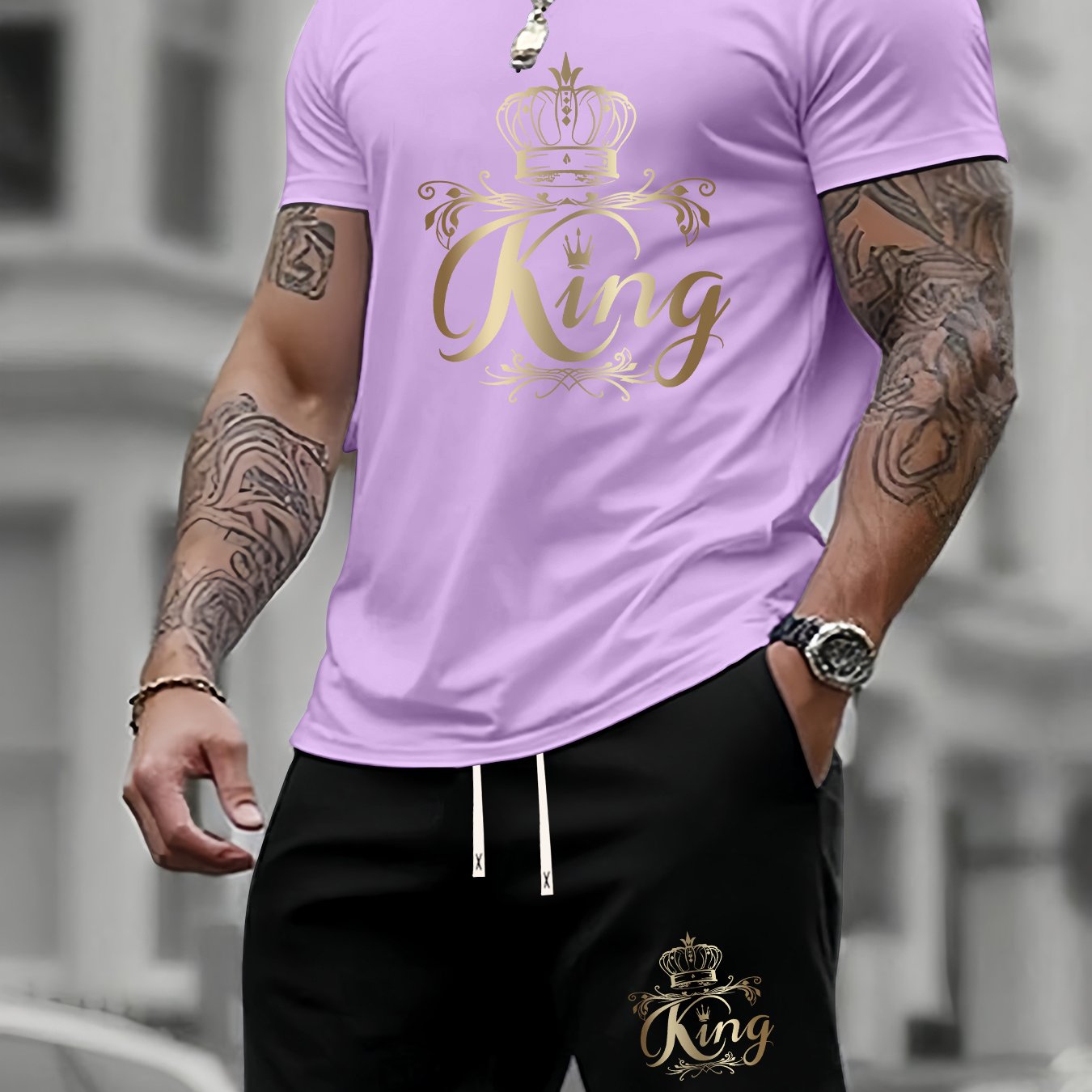 Men's Summer Two-Piece Set - Casual KING Print Sports Outfit   OAXG White+black / FR S