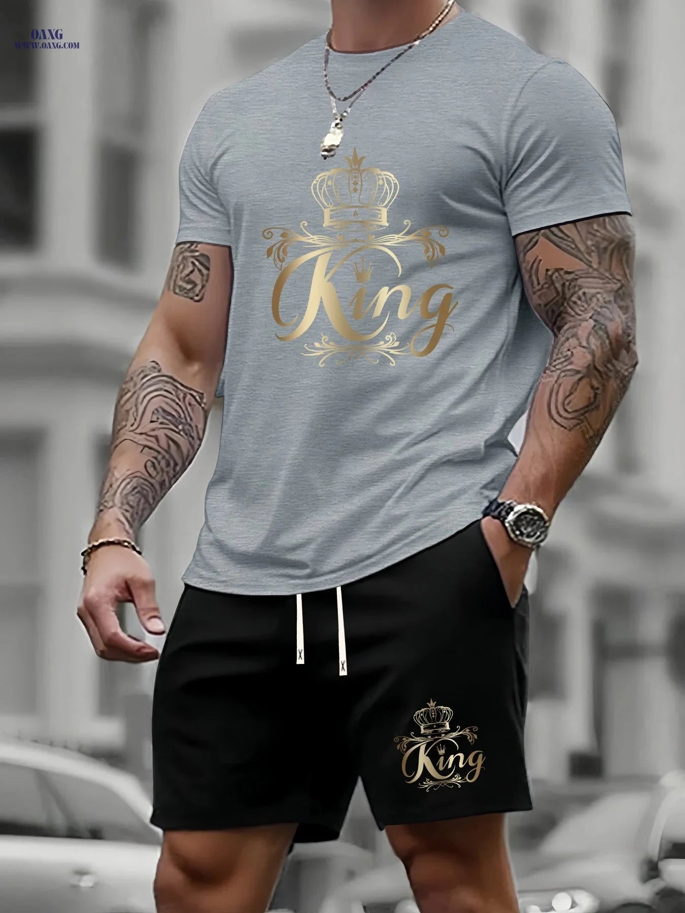 Men's Summer Two-Piece Set - Casual KING Print Sports Outfit   OAXG White+black / FR S