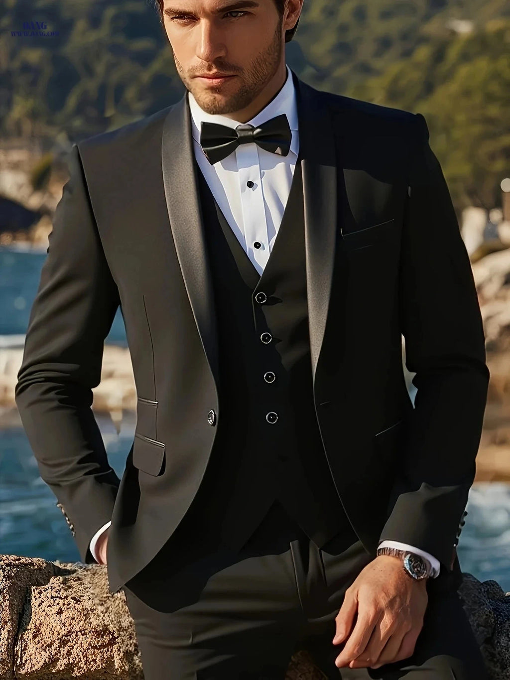 Men's Tailored Three-Piece Suit - Double-Breasted Blazer & Vest   OAXG 