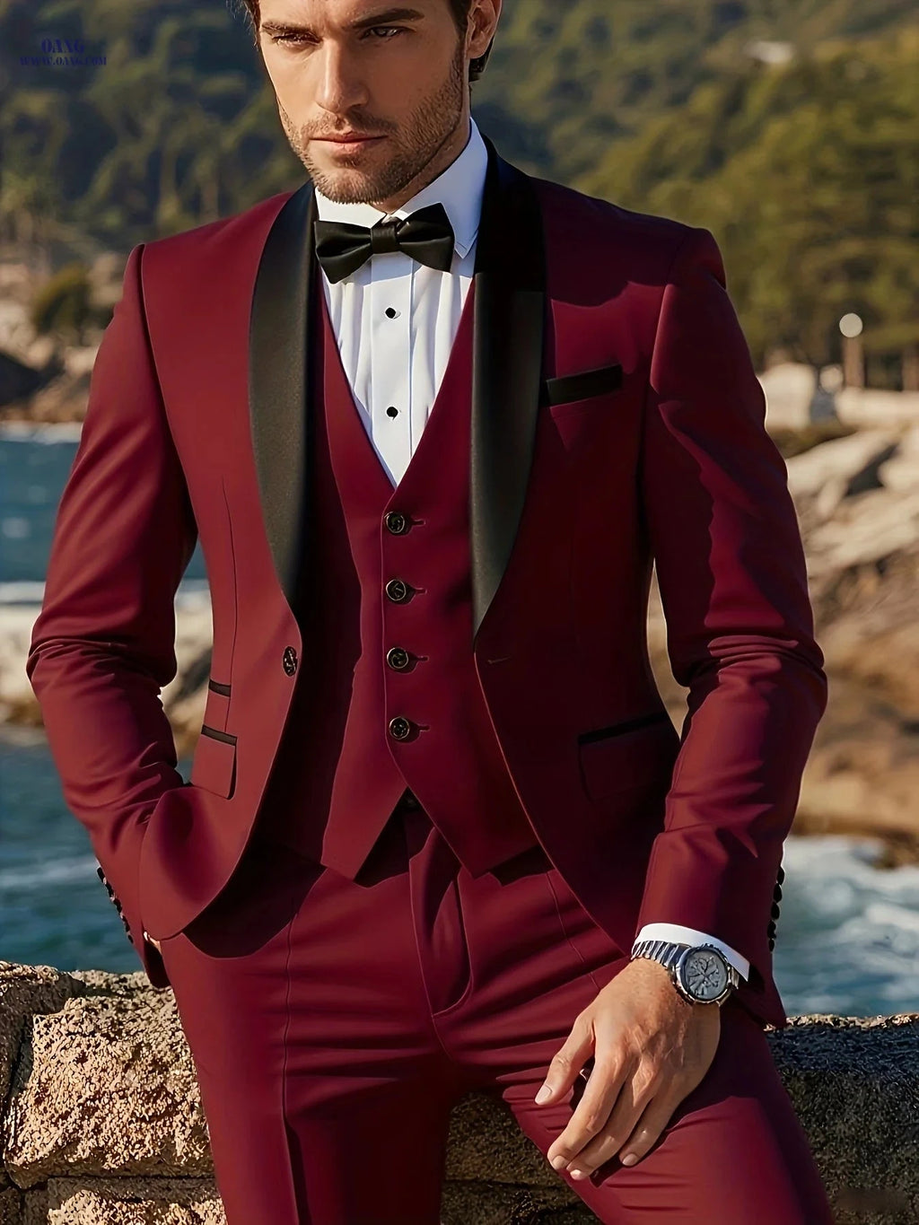 Men's Tailored Three-Piece Suit - Double-Breasted Blazer & Vest   OAXG 