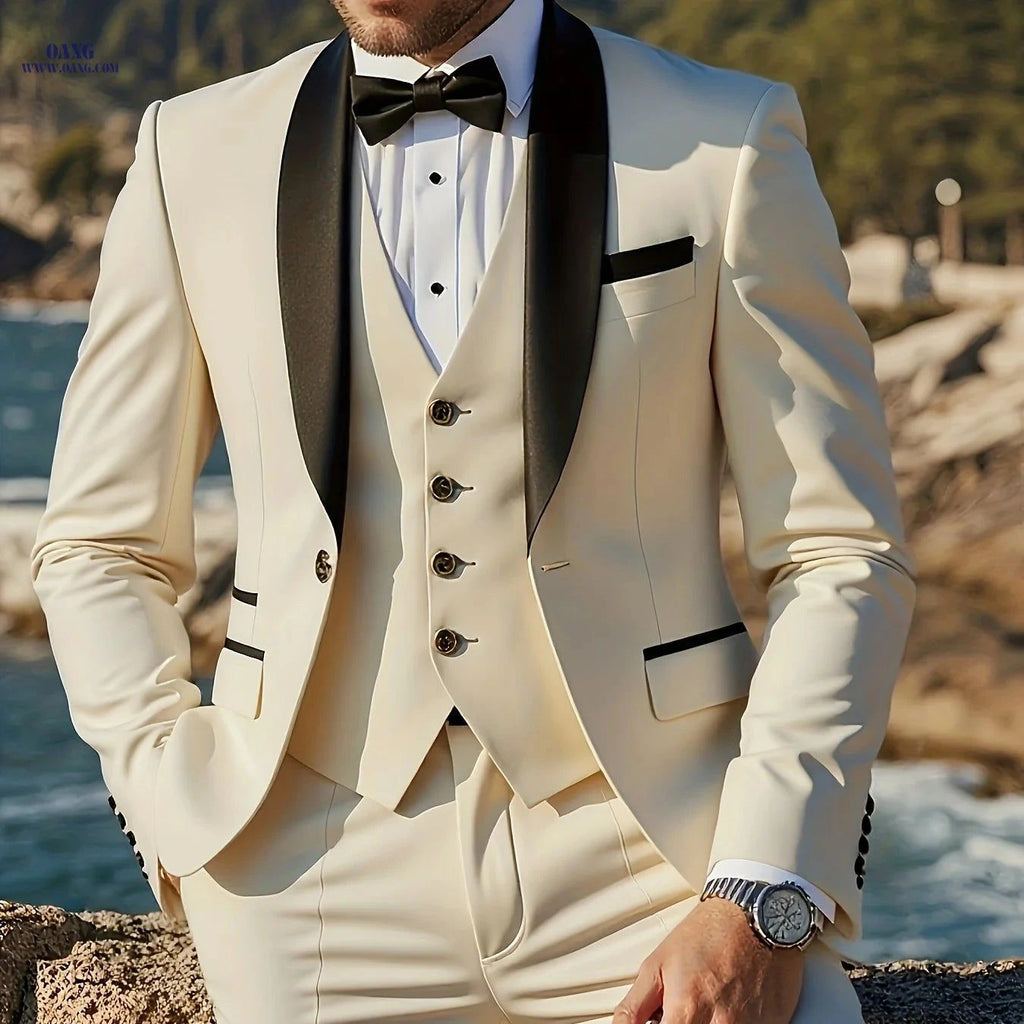 Men's Tailored Three-Piece Suit - Double-Breasted Blazer & Vest   OAXG 