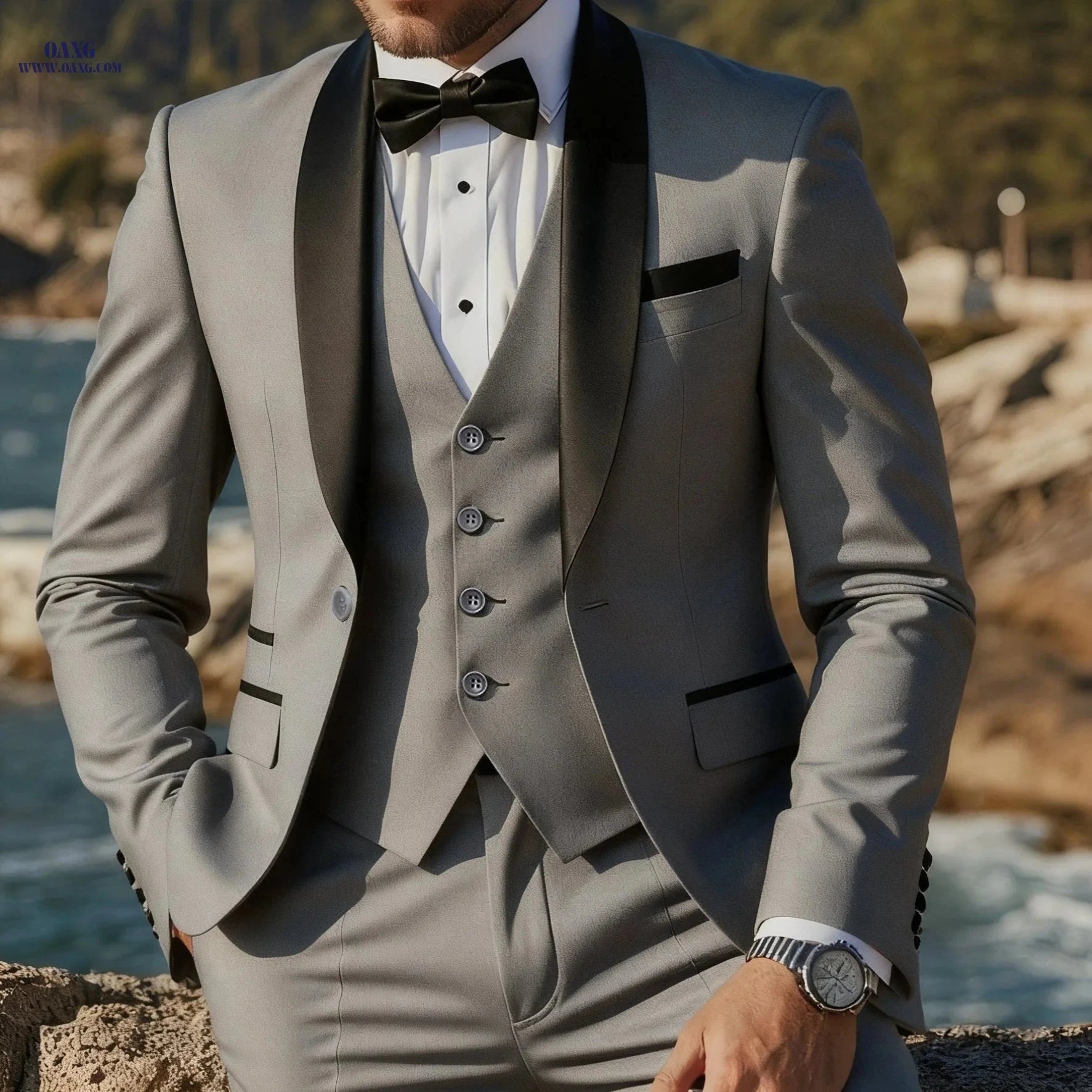 Men's Tailored Three-Piece Suit - Double-Breasted Blazer & Vest   OAXG Beige / FR XXS