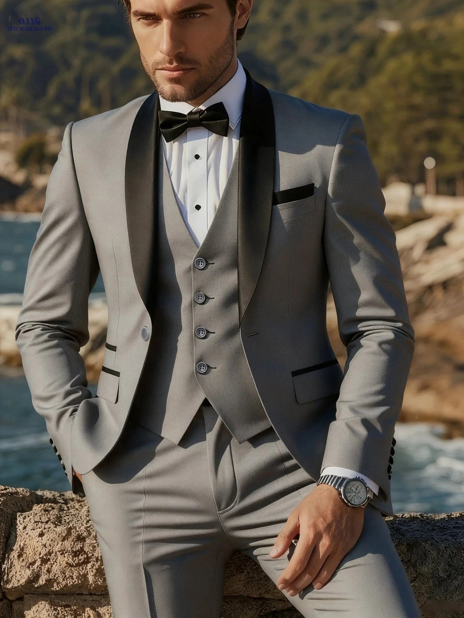 Men's Tailored Three-Piece Suit - Double-Breasted Blazer & Vest   OAXG Beige / FR XXS