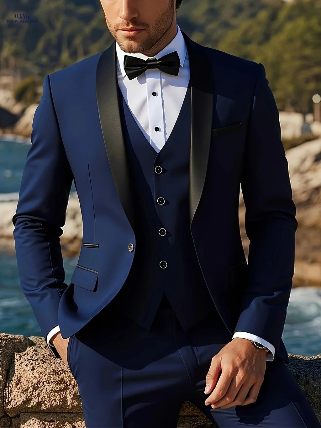 Men's Tailored Three-Piece Suit - Double-Breasted Blazer & Vest   OAXG 