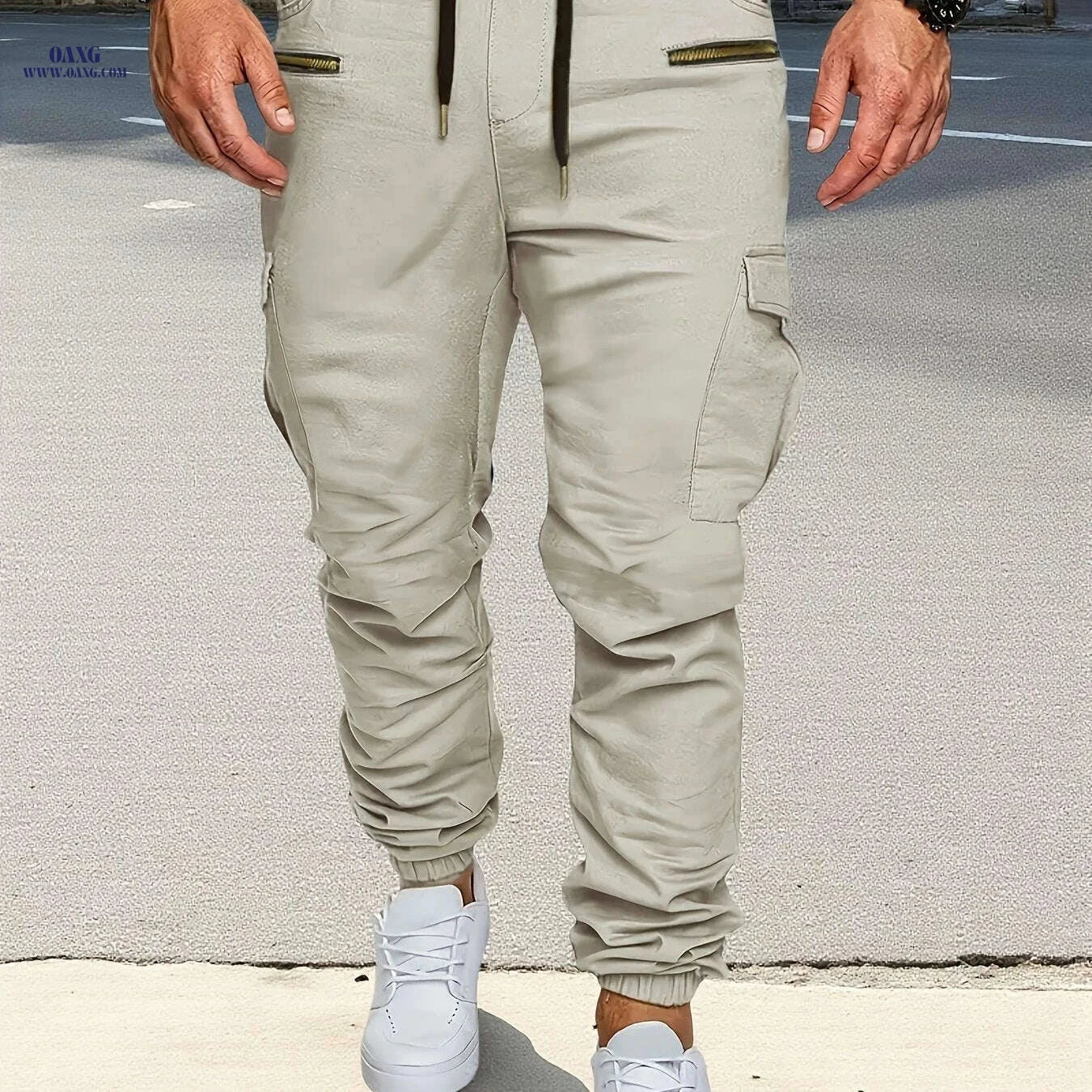 Men's Tan Cargo Pants - Adjustable Waist & Multi-Pocket Design   OAXG 