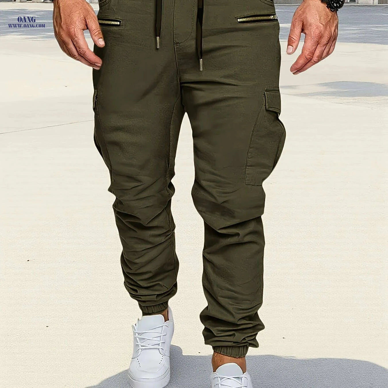 Men's Tan Cargo Pants - Adjustable Waist & Multi-Pocket Design   OAXG Khaki / S