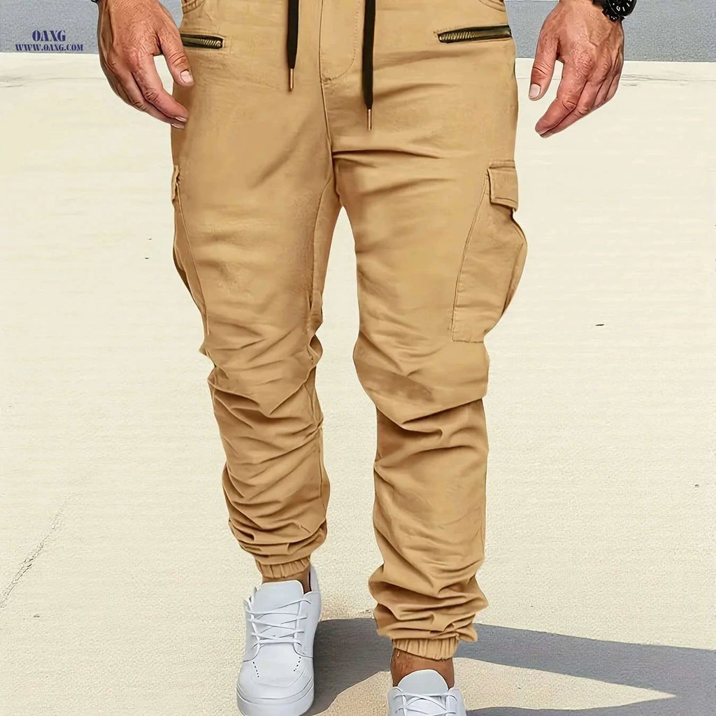 Men's Tan Cargo Pants - Adjustable Waist & Multi-Pocket Design   OAXG Khaki / S