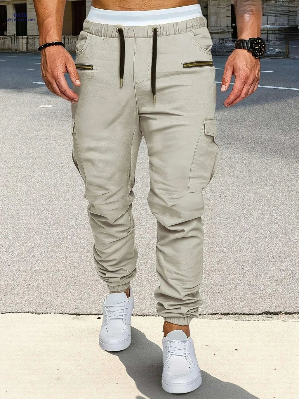 Men's Tan Cargo Pants - Adjustable Waist & Multi-Pocket Design   OAXG Khaki / S