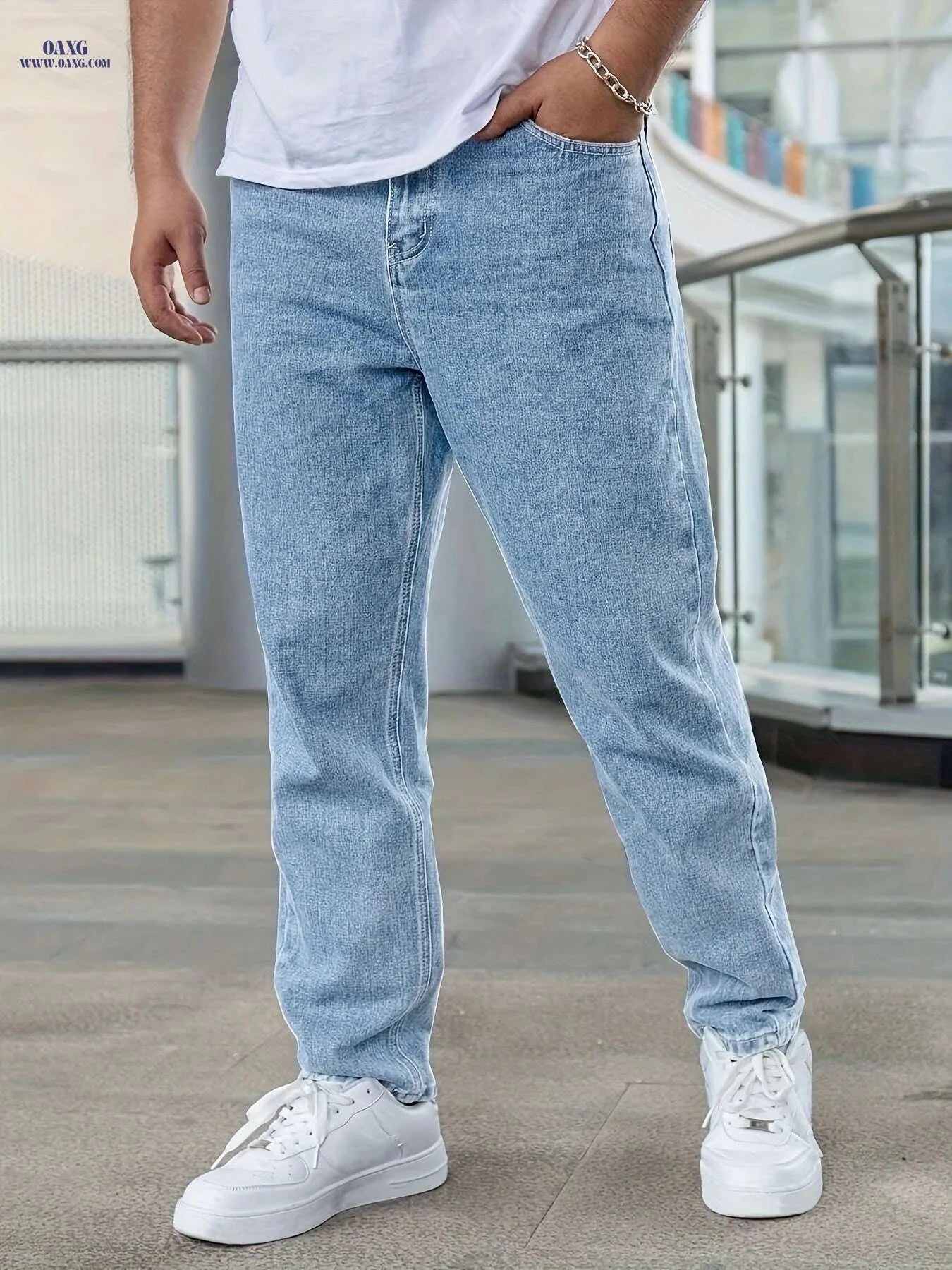 Men’s Tapered Jeans - High Stretch Cotton Blend for All-Season Wear   OAXG Sky Blue / S