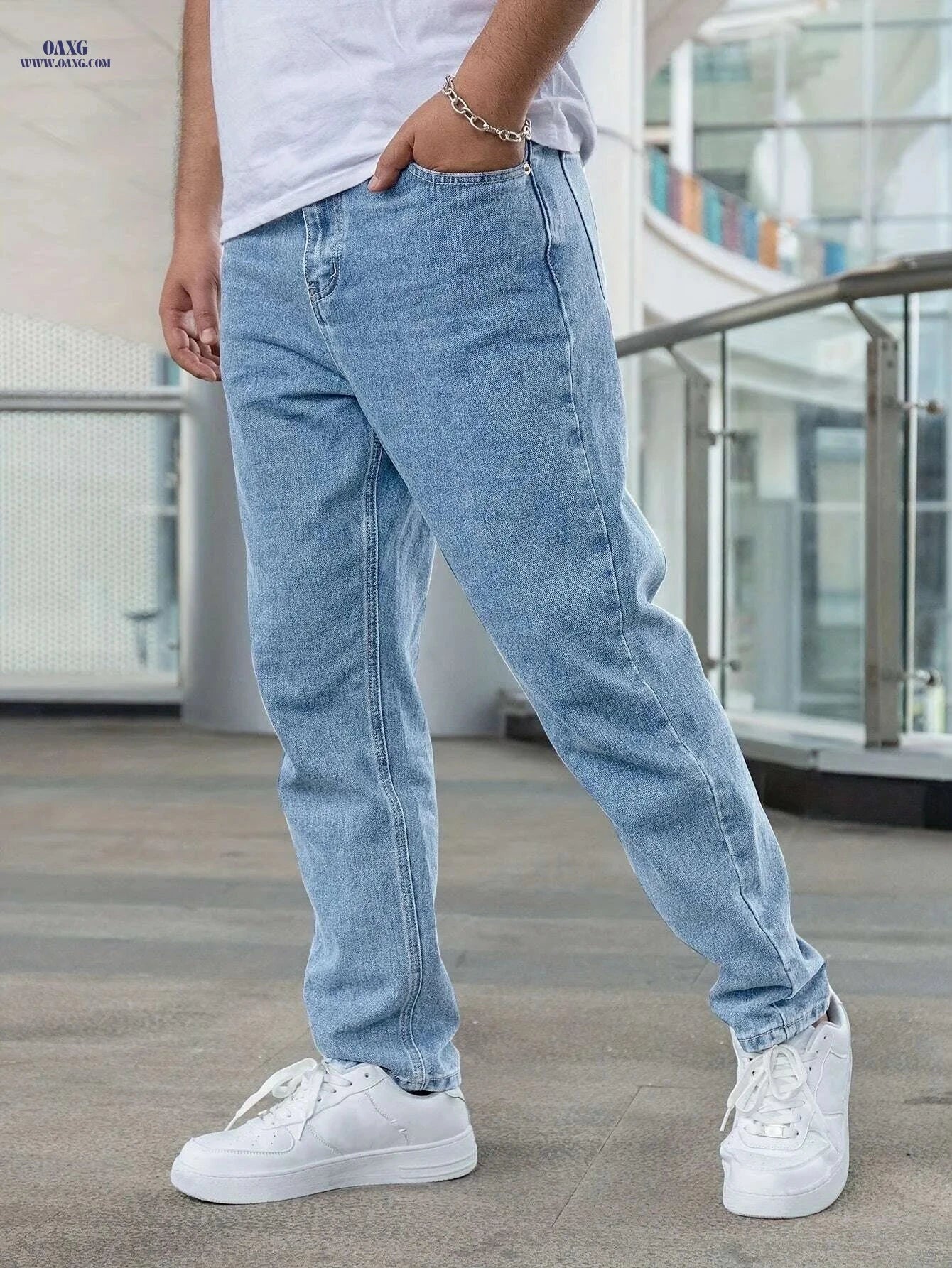 Men’s Tapered Jeans - High Stretch Cotton Blend for All-Season Wear   OAXG Sky Blue / S
