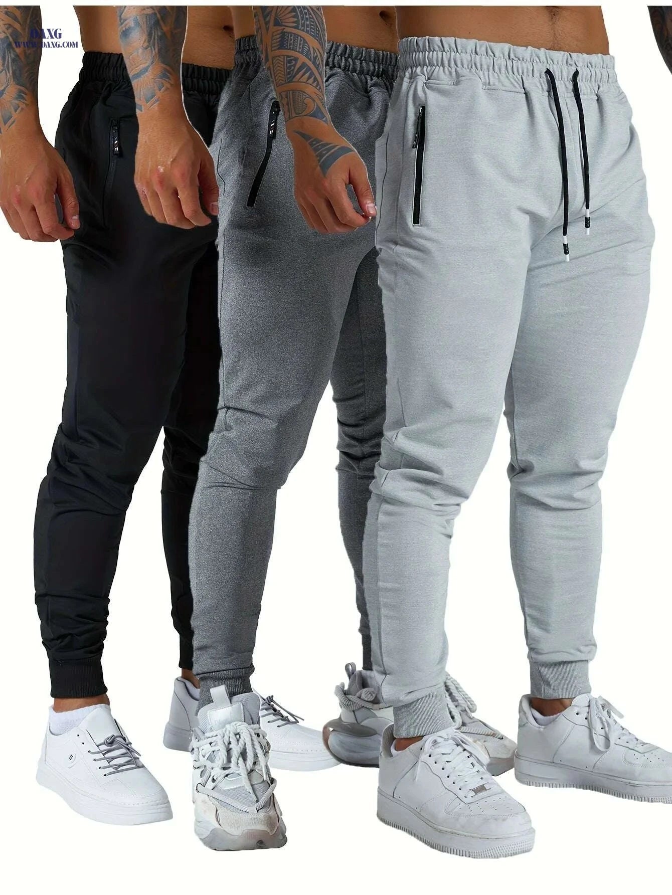 Men's Tapered Joggers with Zipper Pockets - 3PCS Cotton Blend Set   OAXG 