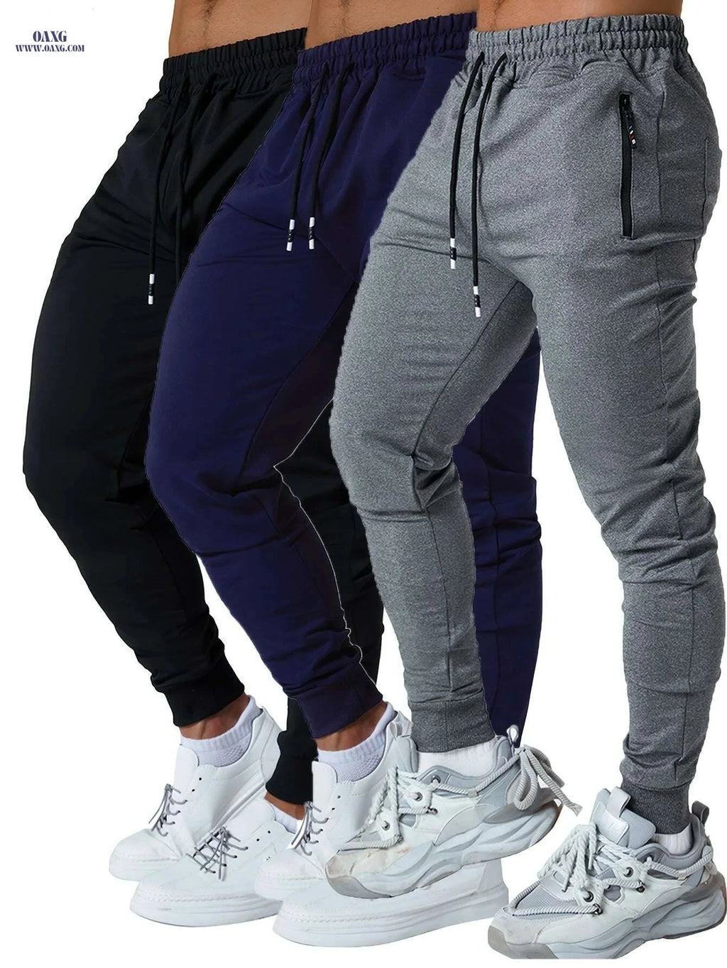 Men's Tapered Joggers with Zipper Pockets - 3PCS Cotton Blend Set   OAXG Black+Navy+Light Grey / S