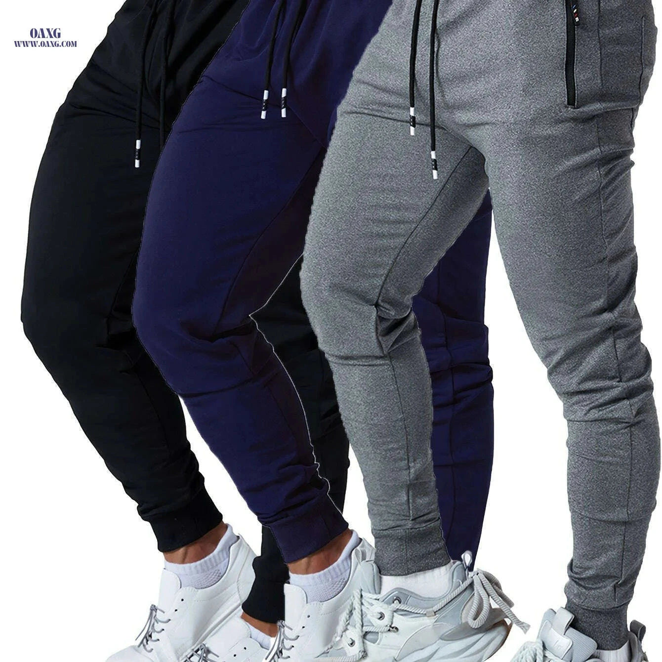 Men's Tapered Joggers with Zipper Pockets - 3PCS Cotton Blend Set   OAXG Black+Navy+Light Grey / S