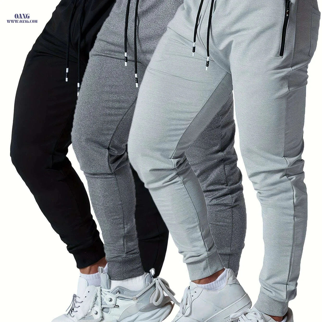 Men's Tapered Joggers with Zipper Pockets - 3PCS Cotton Blend Set   OAXG Black+Navy+Light Grey / S