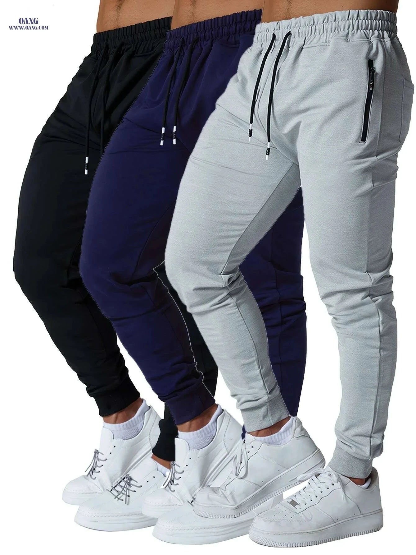 Men's Tapered Joggers with Zipper Pockets - 3PCS Cotton Blend Set   OAXG 
