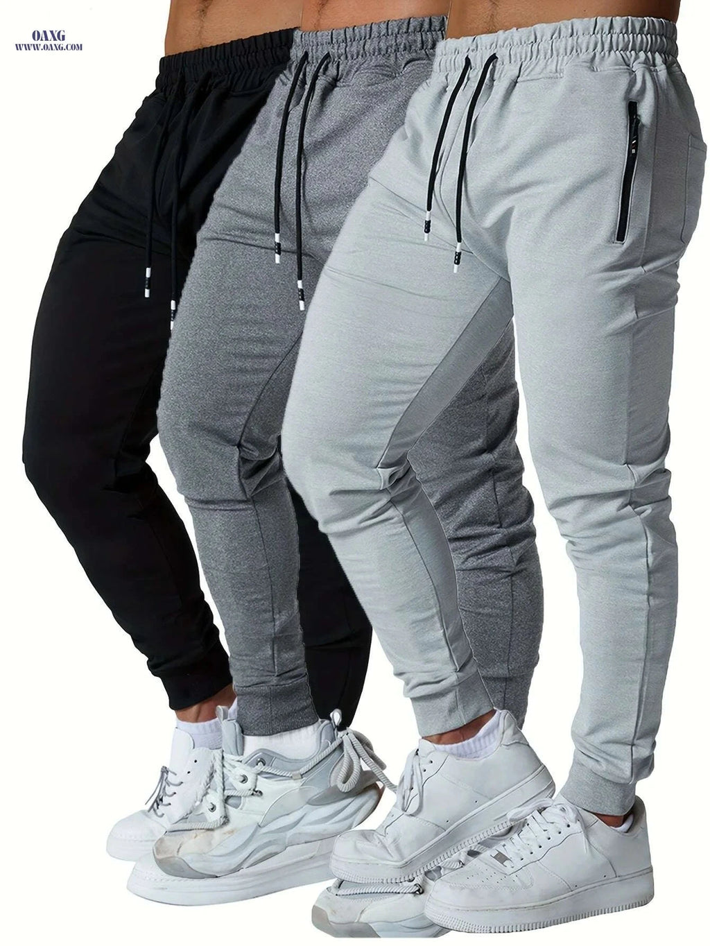 Men's Tapered Joggers with Zipper Pockets - 3PCS Cotton Blend Set   OAXG 