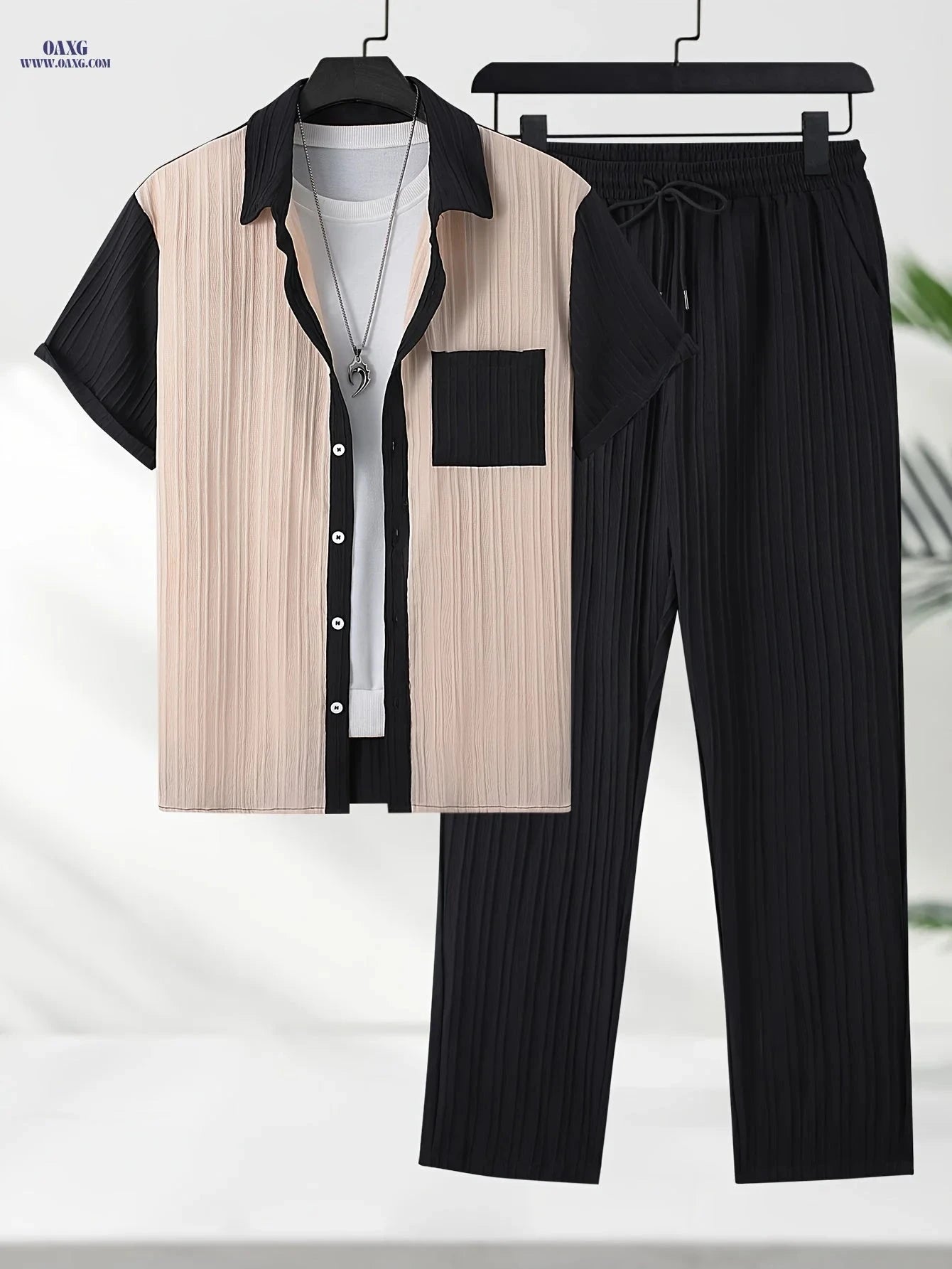 Men's Textured Wave Stripe Casual Collared Shirt & Pants Suit   OAXG 
