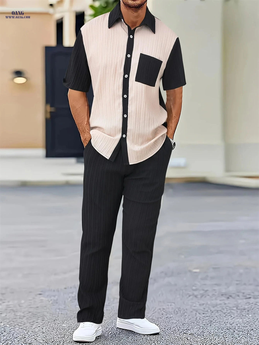 Men's Textured Wave Stripe Casual Collared Shirt & Pants Suit   OAXG 