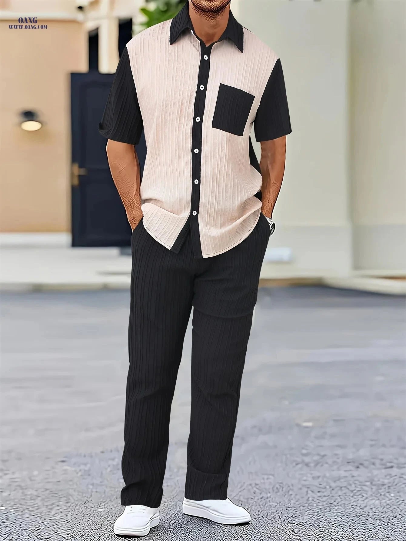 Men's Textured Wave Stripe Casual Collared Shirt & Pants Suit   OAXG 