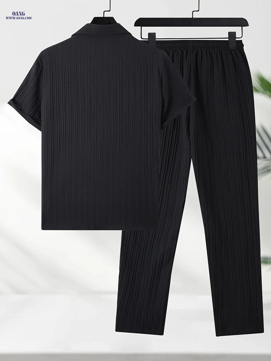 Men's Textured Wave Stripe Casual Collared Shirt & Pants Suit   OAXG 