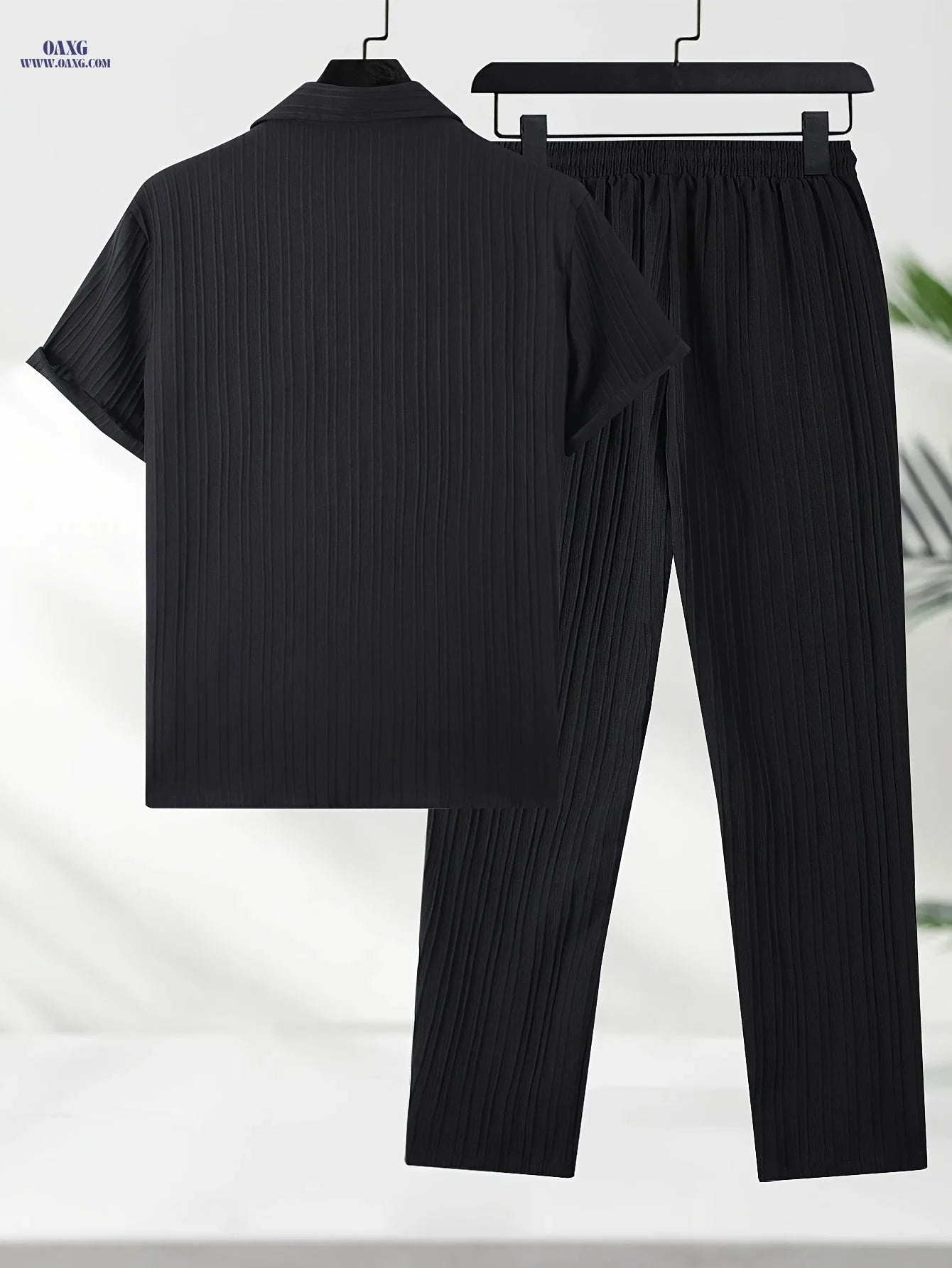 Men's Textured Wave Stripe Casual Collared Shirt & Pants Suit   OAXG 