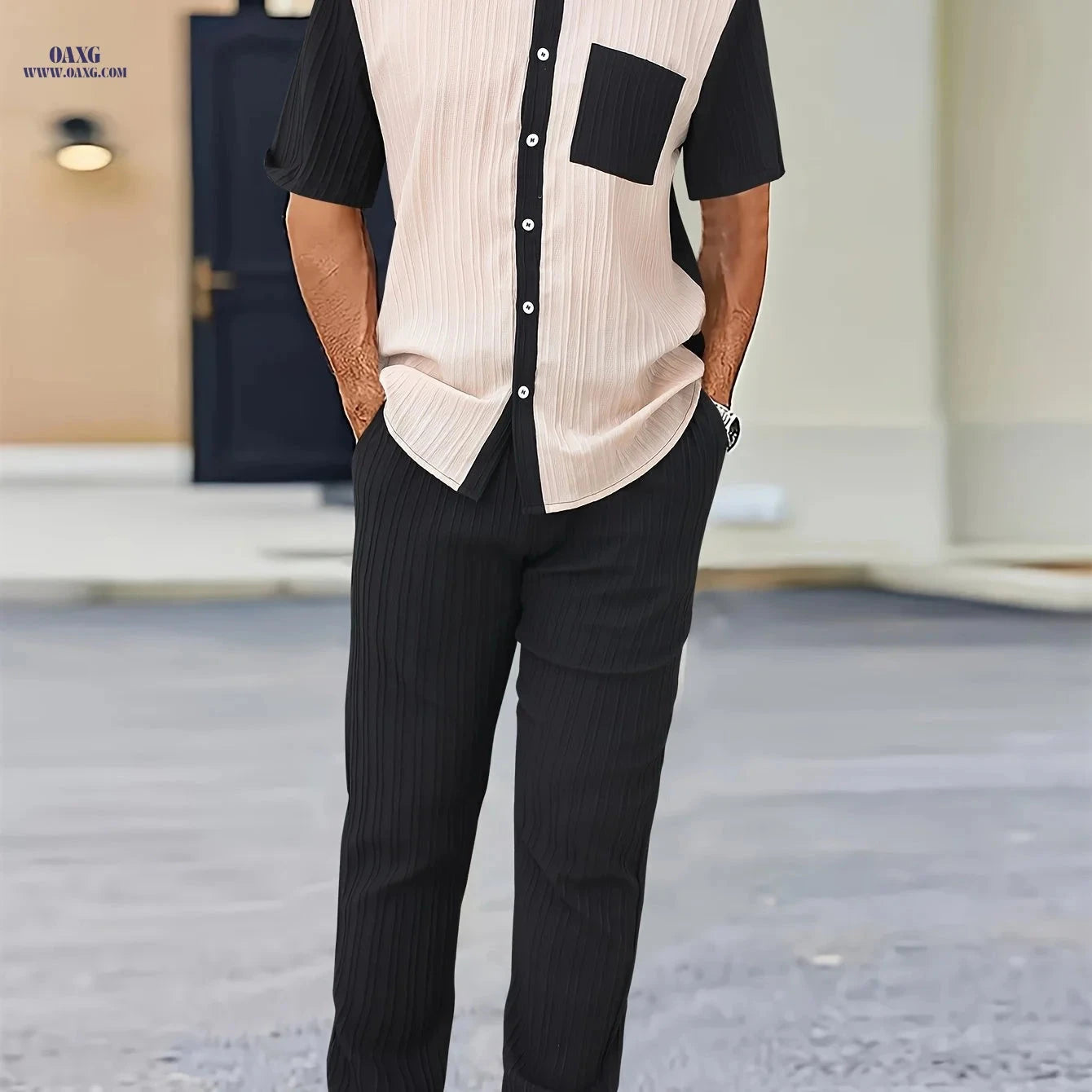 Men's Textured Wave Stripe Casual Collared Shirt & Pants Suit   OAXG Black+Apricot / FR S