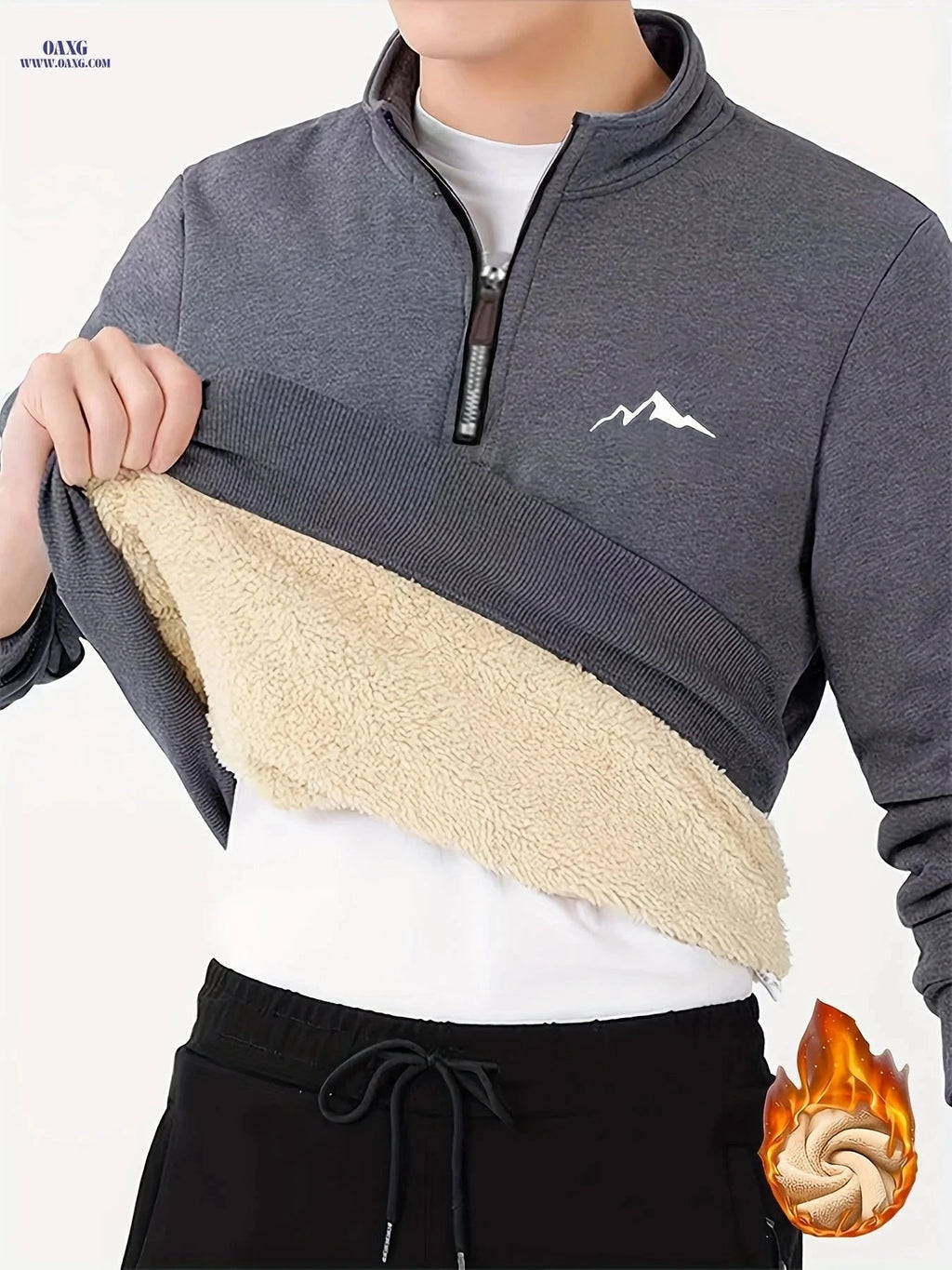 Men's Thermal Fleece Pullover - Cozy Geometric Print, 1/4 Zipper   OAXG 