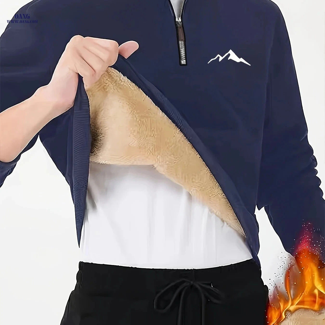 Men's Thermal Fleece Pullover - Cozy Geometric Print, 1/4 Zipper   OAXG Black / FR XS