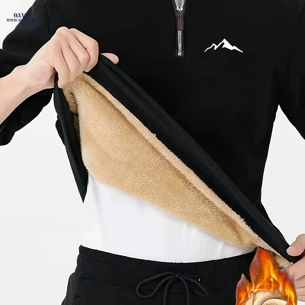 Men's Thermal Fleece Pullover - Cozy Geometric Print, 1/4 Zipper   OAXG Black / FR XS