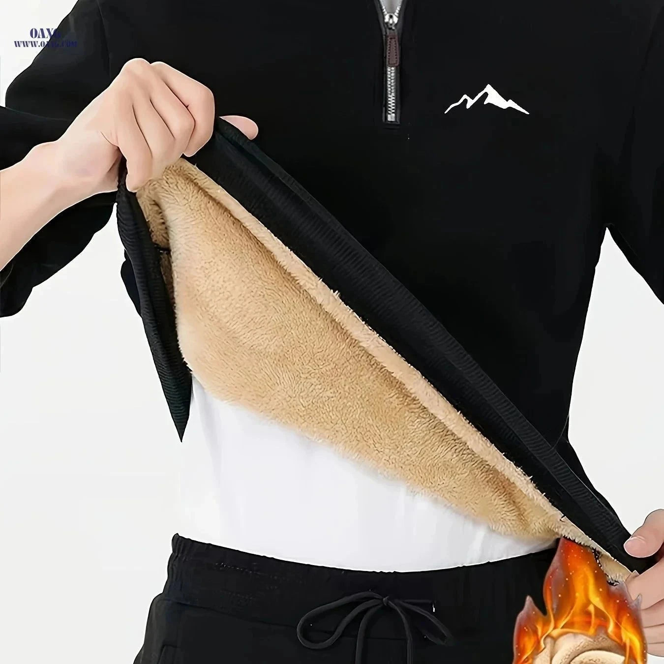Men's Thermal Fleece Pullover - Cozy Geometric Print, 1/4 Zipper   OAXG Black / FR XS