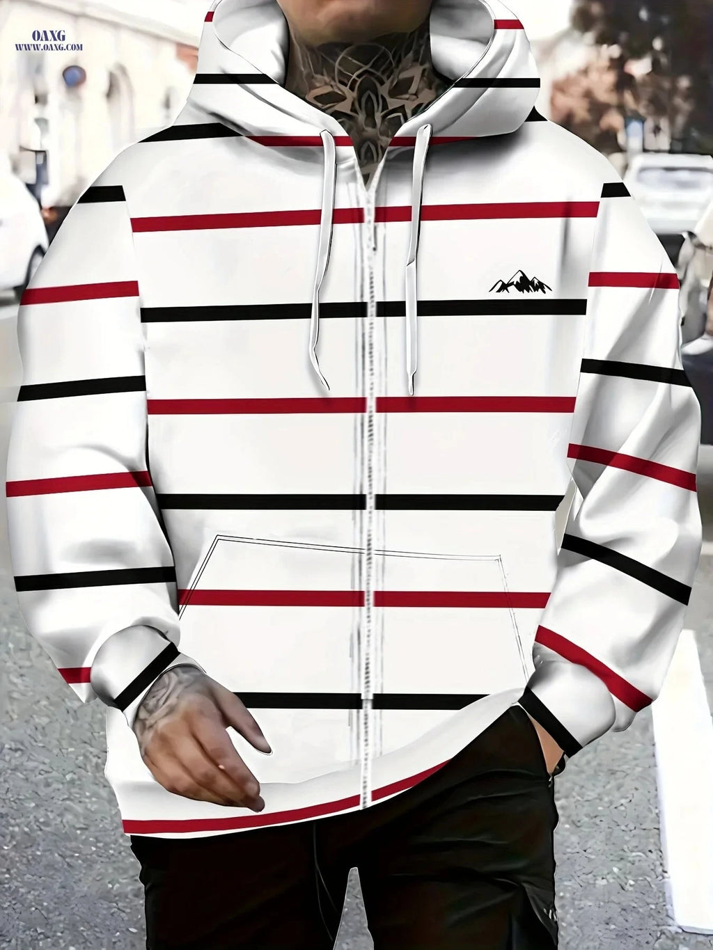 Men's Thin Stripe Hooded Sweatshirt - Zip-Up Jacket with Pockets   OAXG 