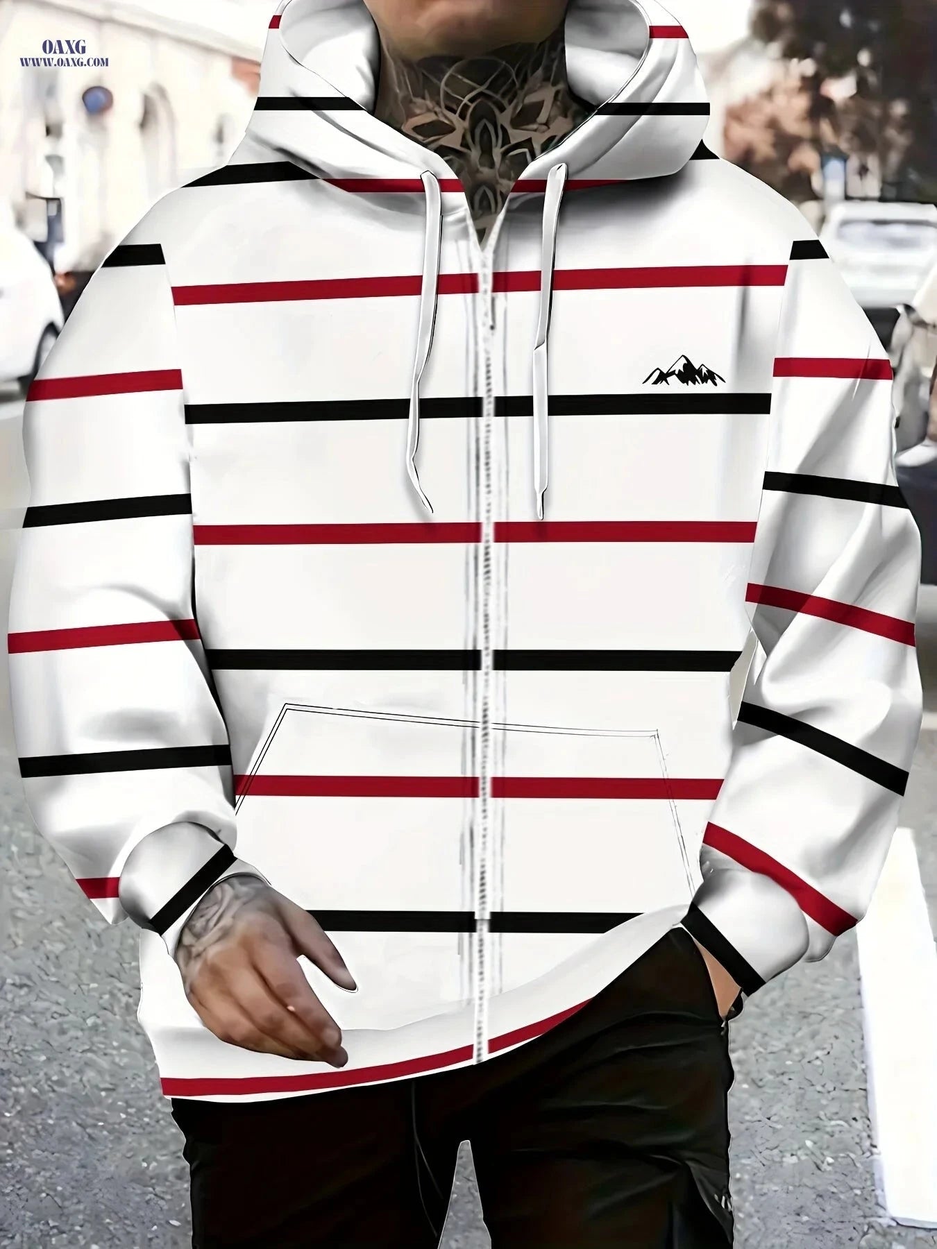Men's Thin Stripe Hooded Sweatshirt - Zip-Up Jacket with Pockets   OAXG 