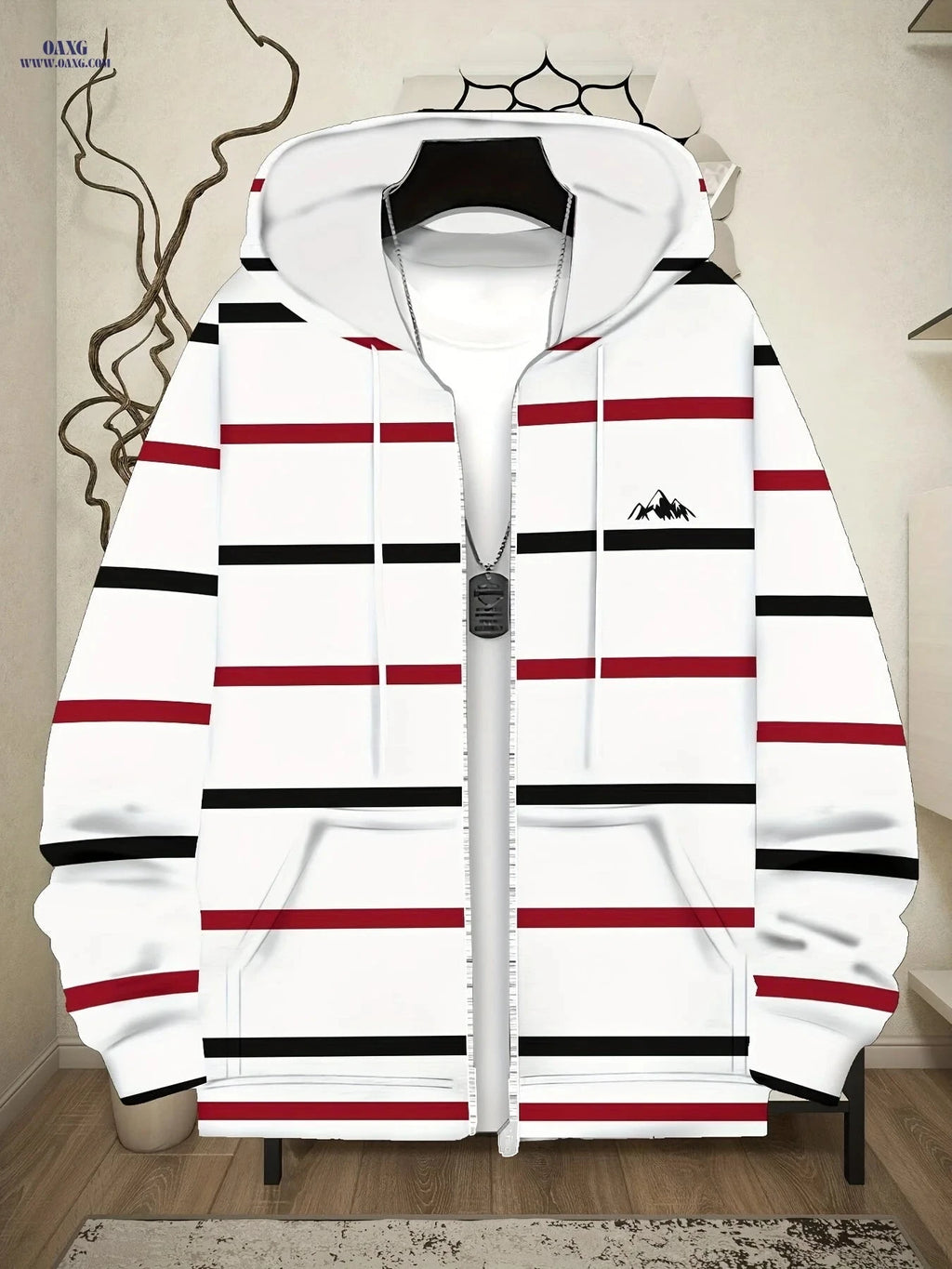 Men's Thin Stripe Hooded Sweatshirt - Zip-Up Jacket with Pockets   OAXG White / FR M