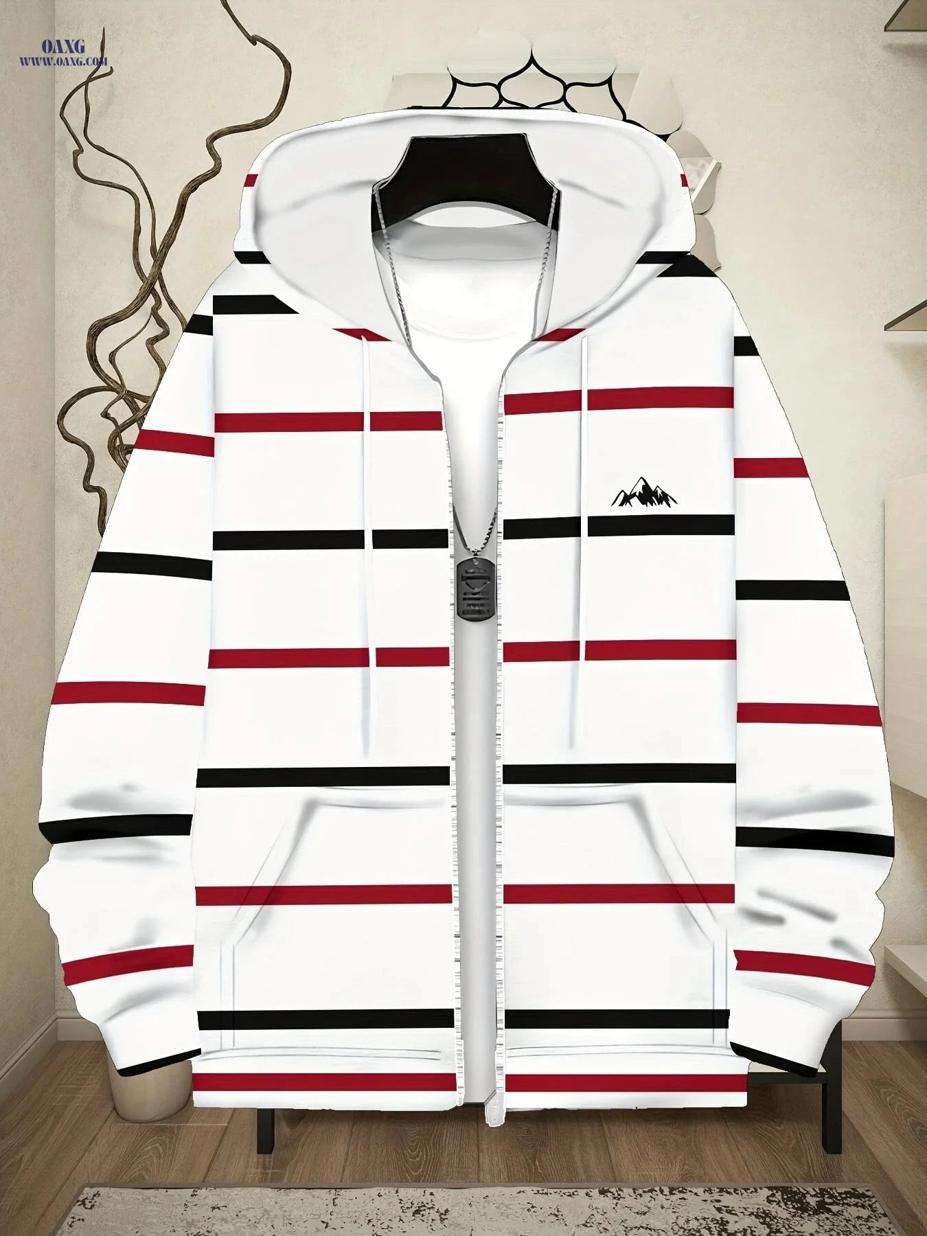 Men's Thin Stripe Hooded Sweatshirt - Zip-Up Jacket with Pockets   OAXG White / FR M