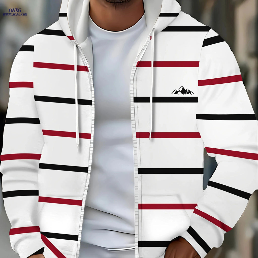 Men's Thin Stripe Hooded Sweatshirt - Zip-Up Jacket with Pockets   OAXG White / FR M