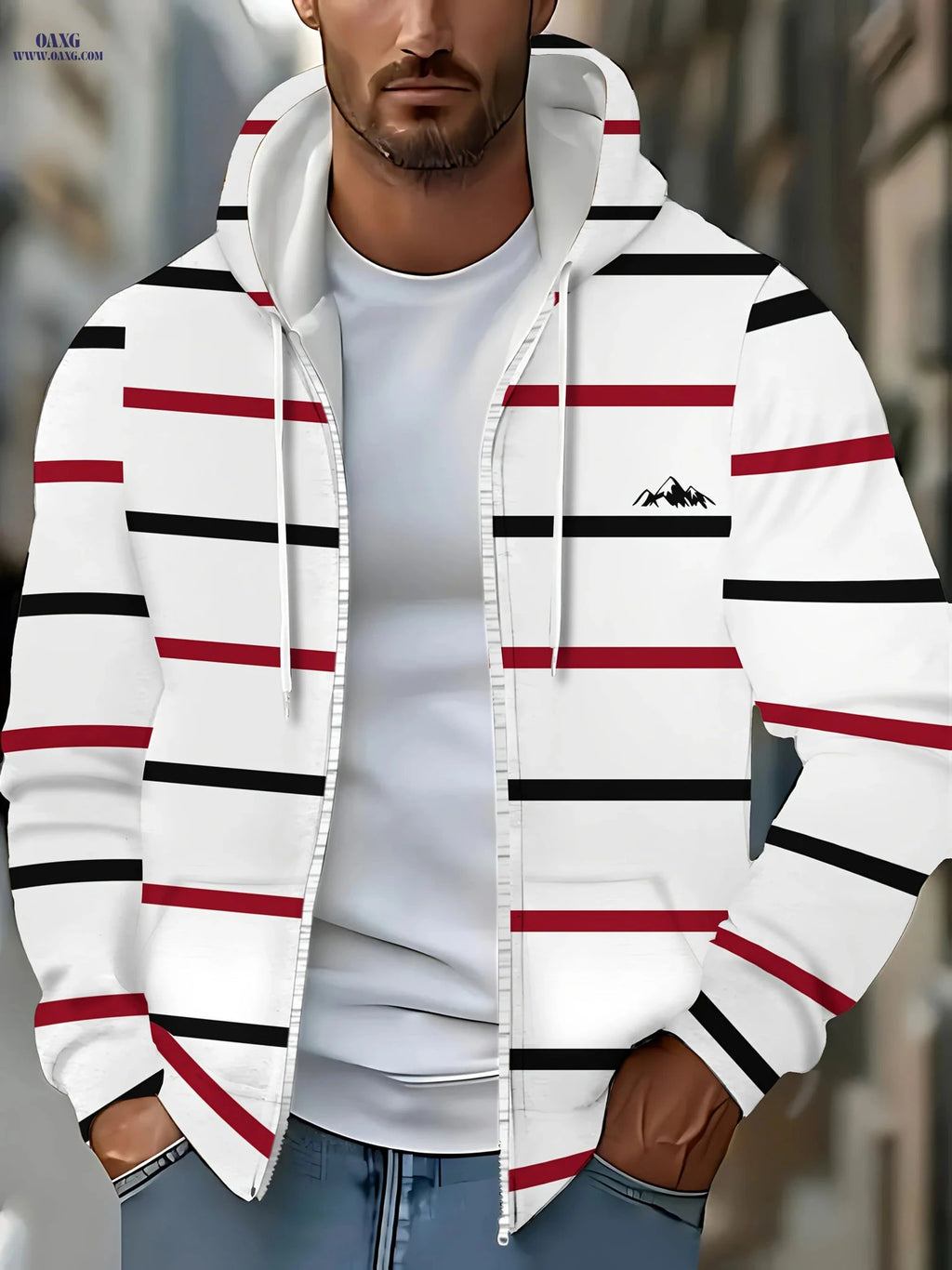 Men's Thin Stripe Hooded Sweatshirt - Zip-Up Jacket with Pockets   OAXG White / FR M