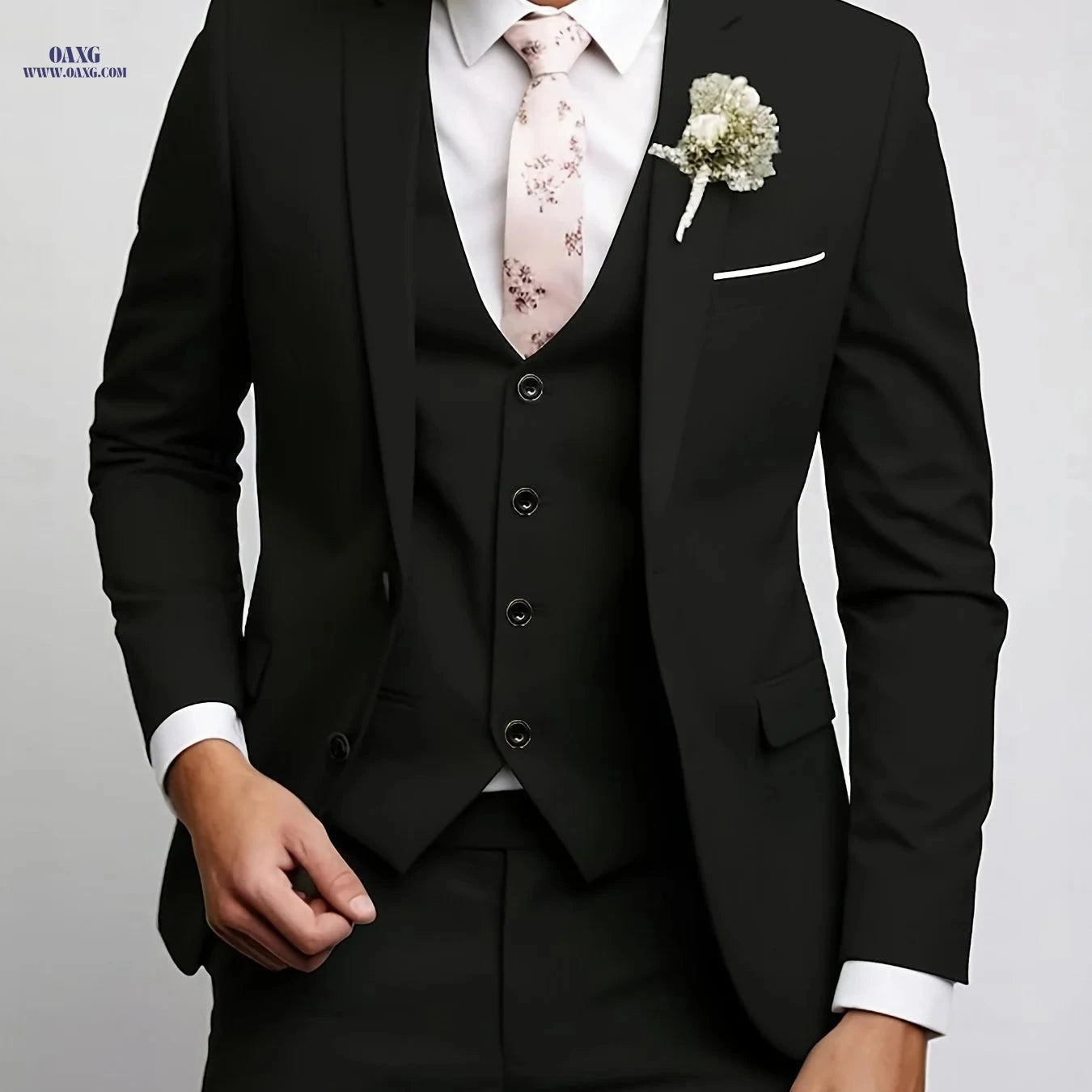 Men’s Three-Piece Suit - Notch Lapel for Weddings and Formal Events   OAXG Black / FR XXS