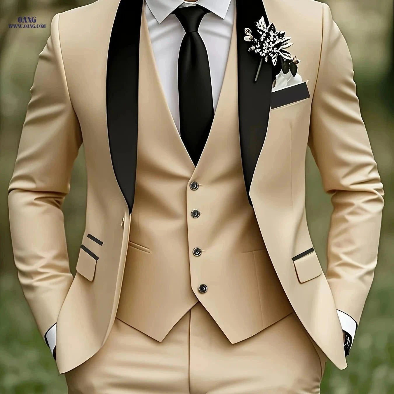 Men's Three-Piece Suit - Notch Lapel Jacket, Pants & Vest Set   OAXG Beige / FR XXS