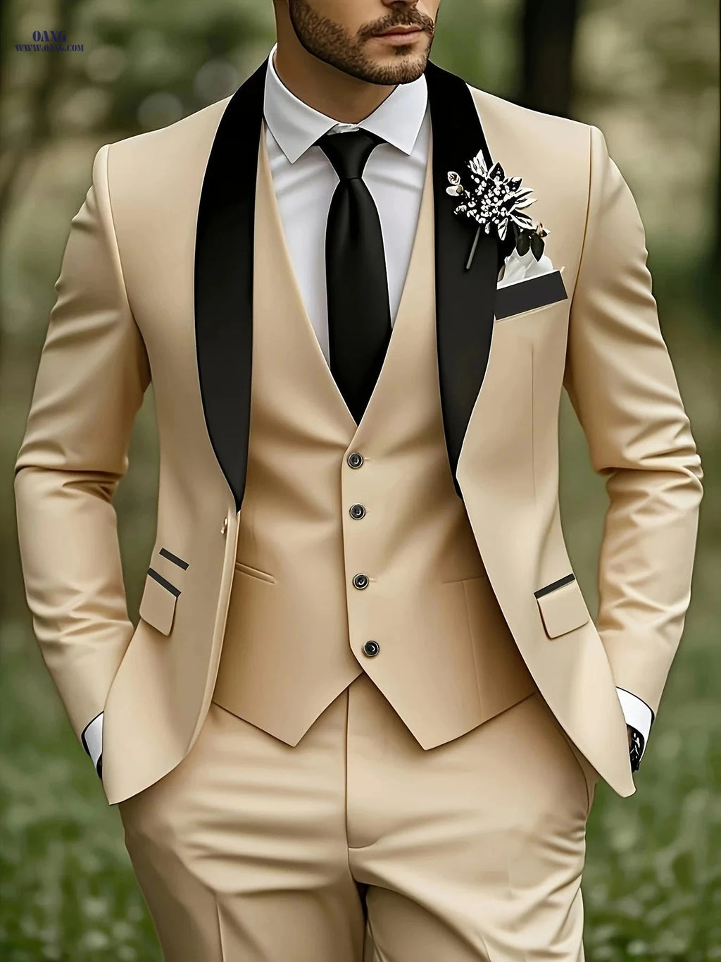 Men's Three-Piece Suit - Notch Lapel Jacket, Pants & Vest Set   OAXG Beige / FR XXS