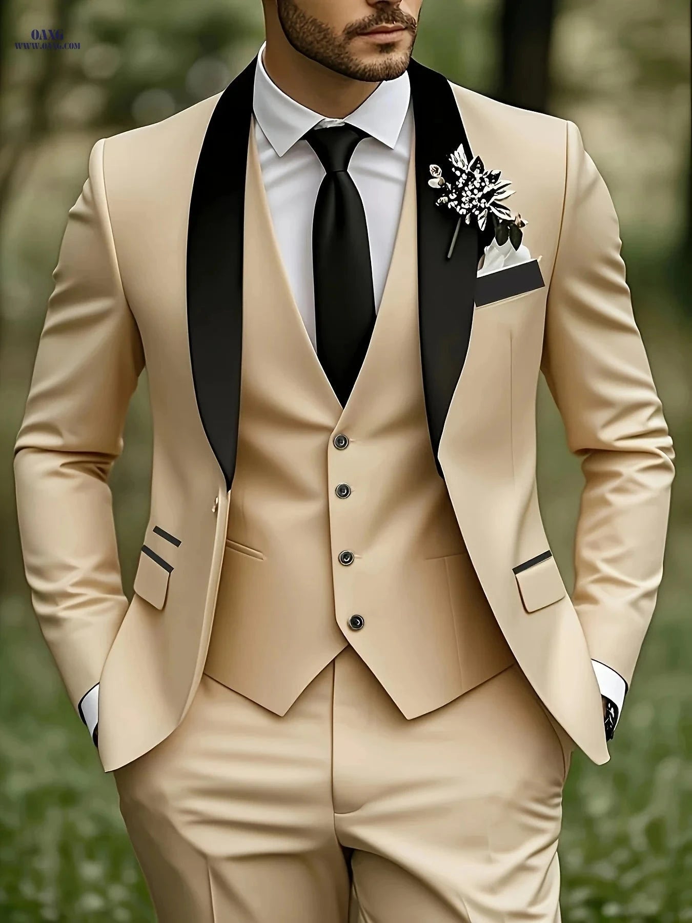 Men's Three-Piece Suit - Notch Lapel Jacket, Pants & Vest Set   OAXG Beige / FR XXS
