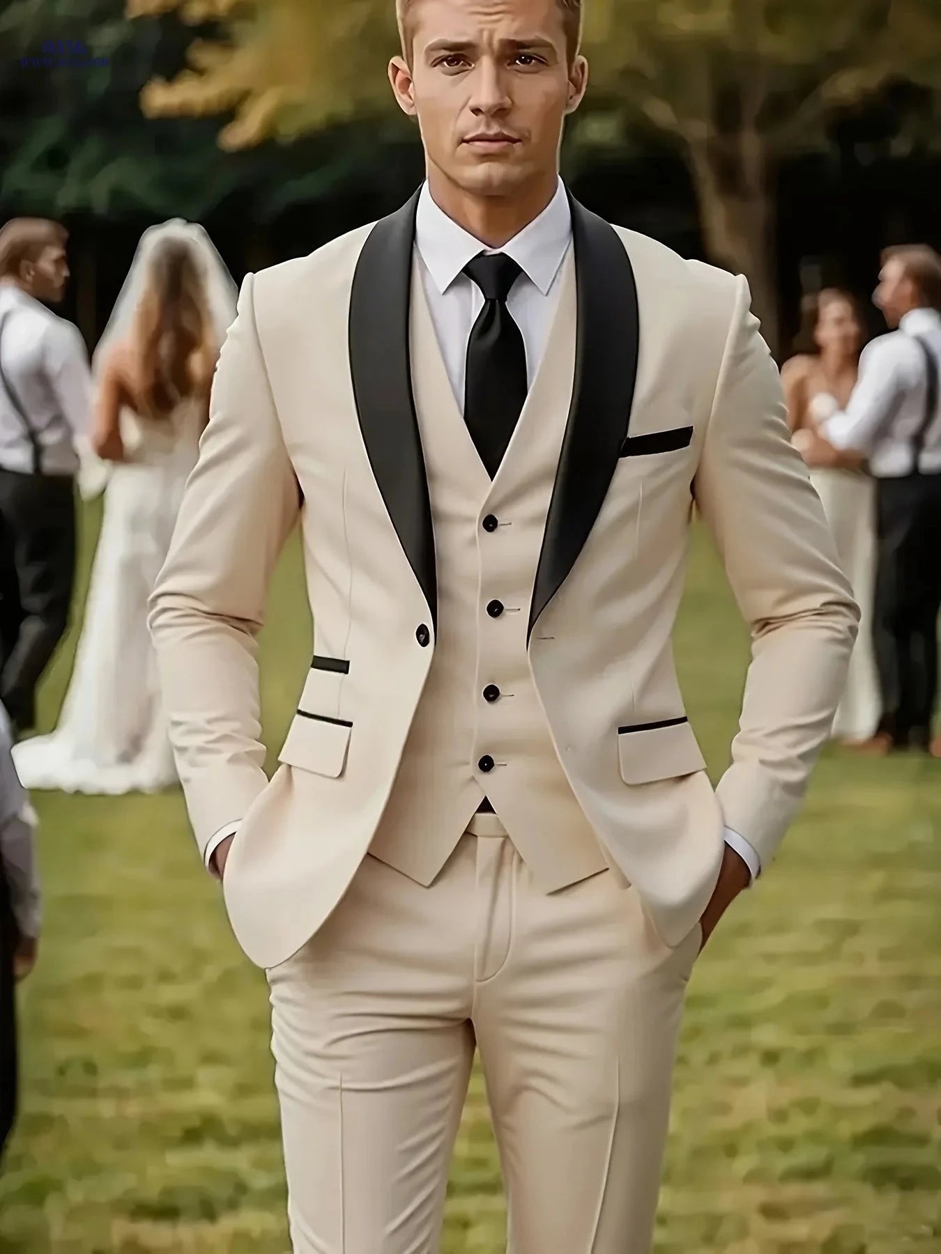 Men’s Three-Piece Suit - Notch Lapel Wedding & Business Outfit   OAXG 