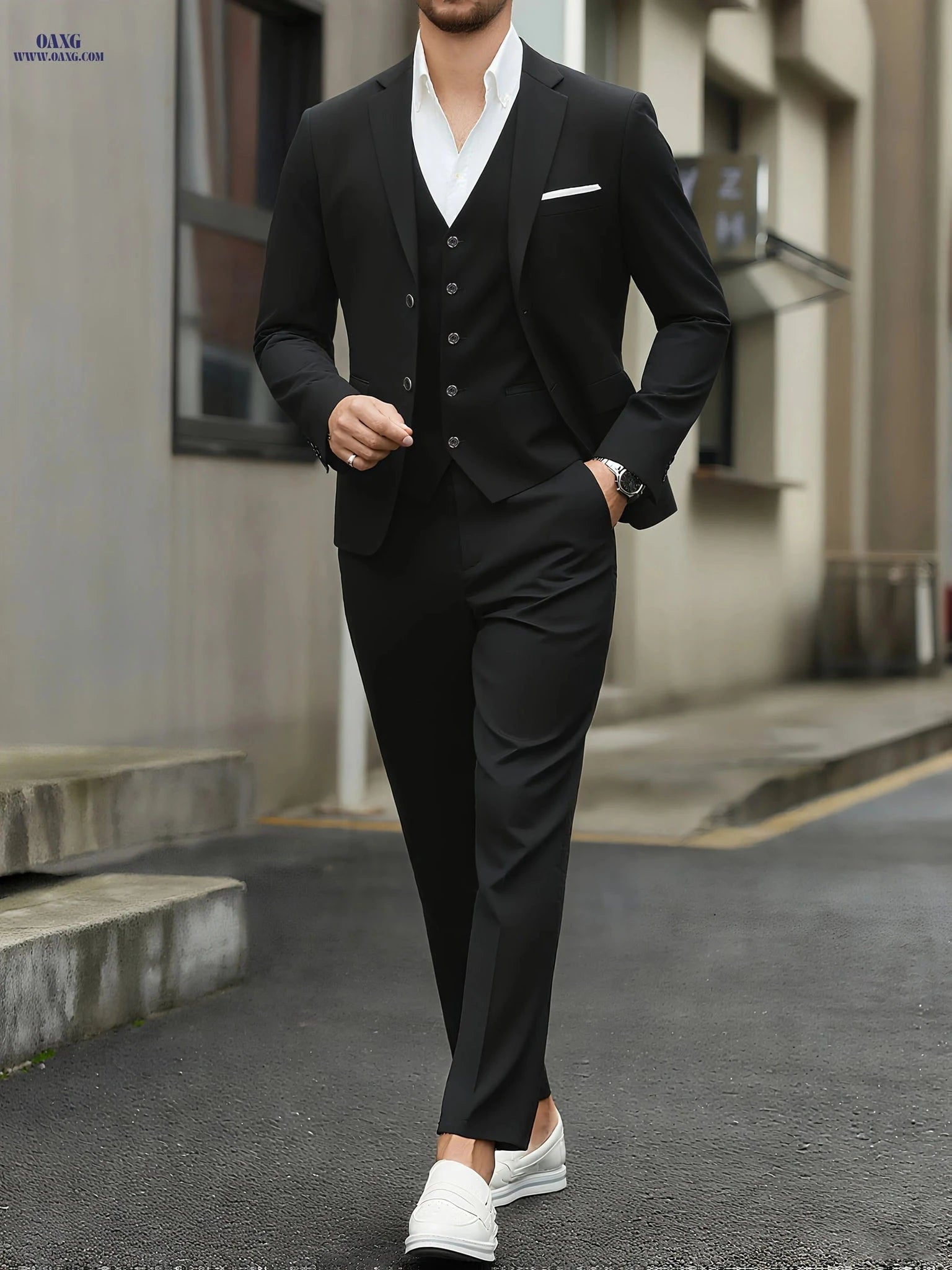 Men's Three-Piece Suit Set - Blazer, Vest & Pants for Business Events   OAXG 