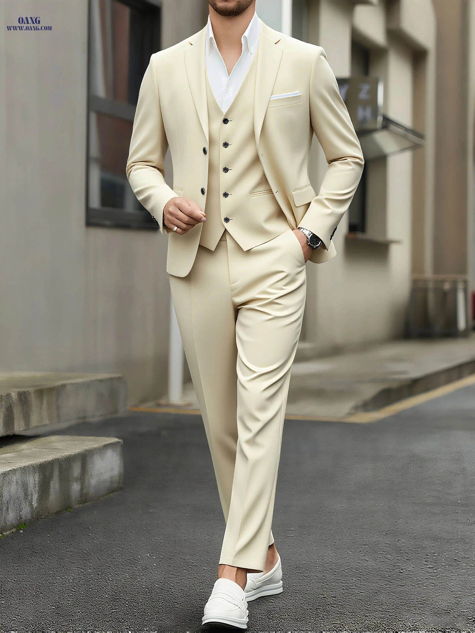 Men's Three-Piece Suit Set - Blazer, Vest & Pants for Business Events   OAXG 