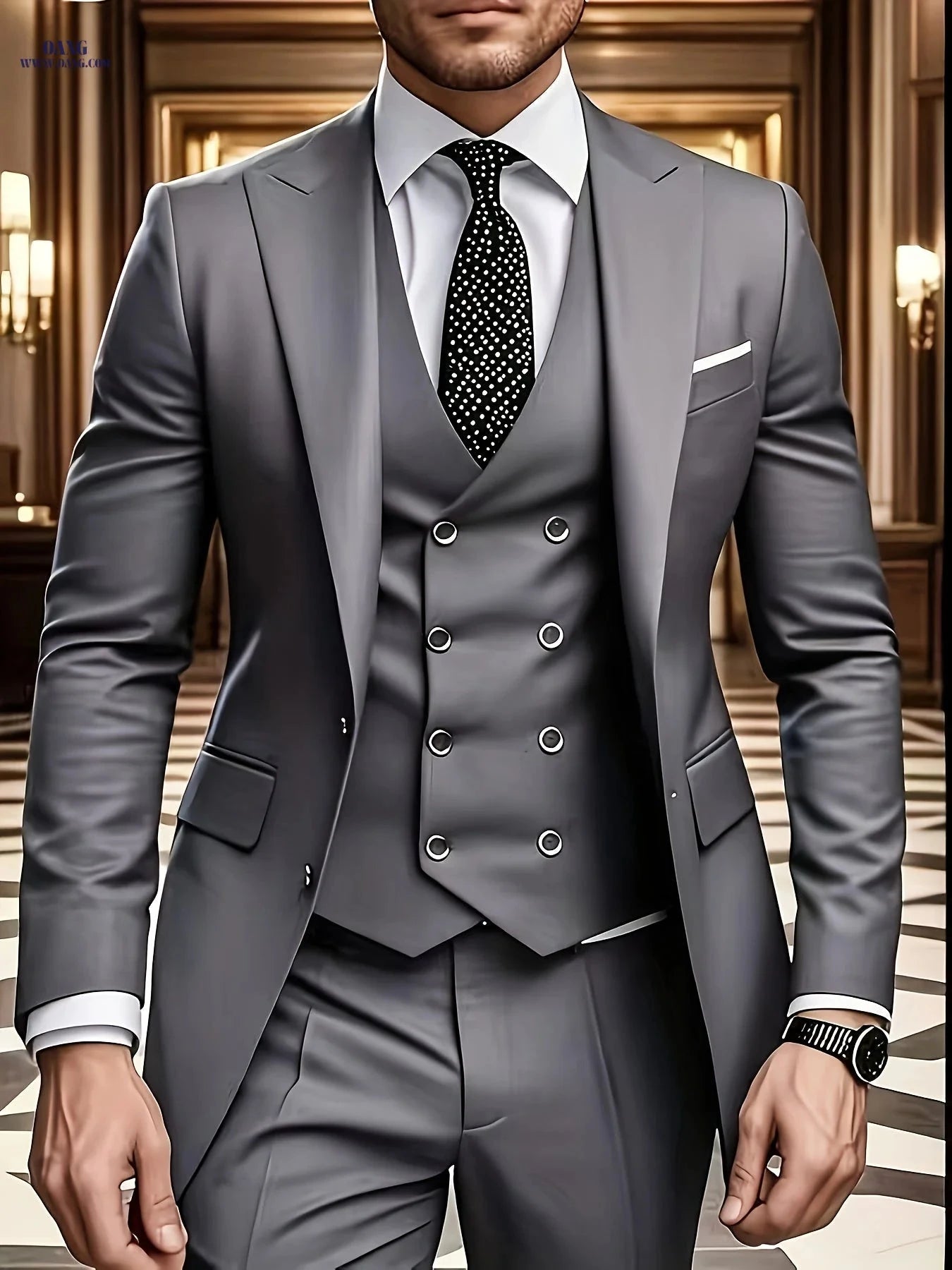 Men's Three-Piece Suit Set - Double-Breasted Vest, Jacket & Pants   OAXG 